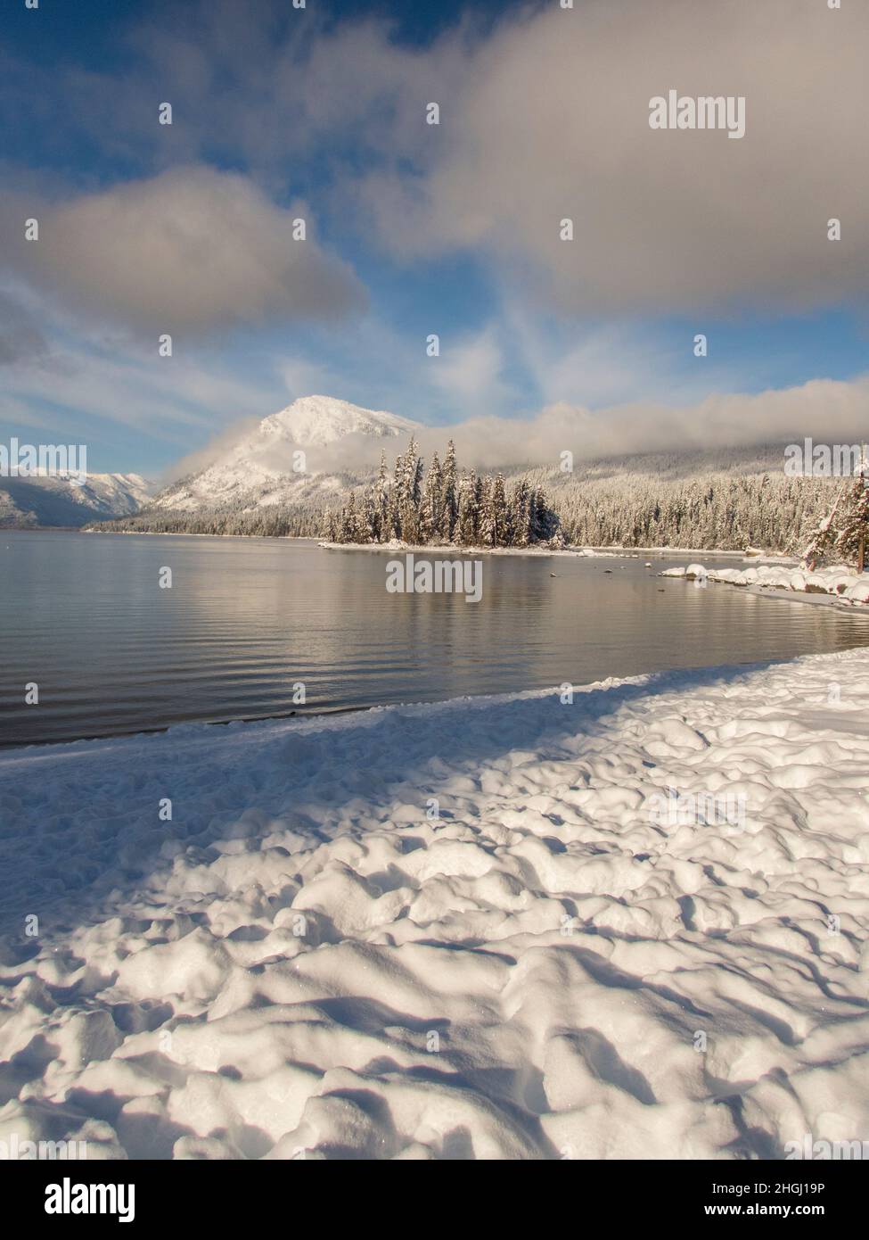 View of the shoreline and the snow-covered forest at Lake Wenatchee State Park in eastern Washington State, USA. Stock Photo