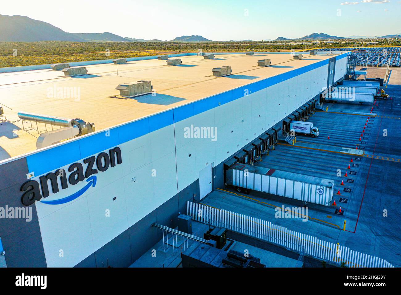 Amazon. Aerial view of Amazon warehouse or parcel distribution