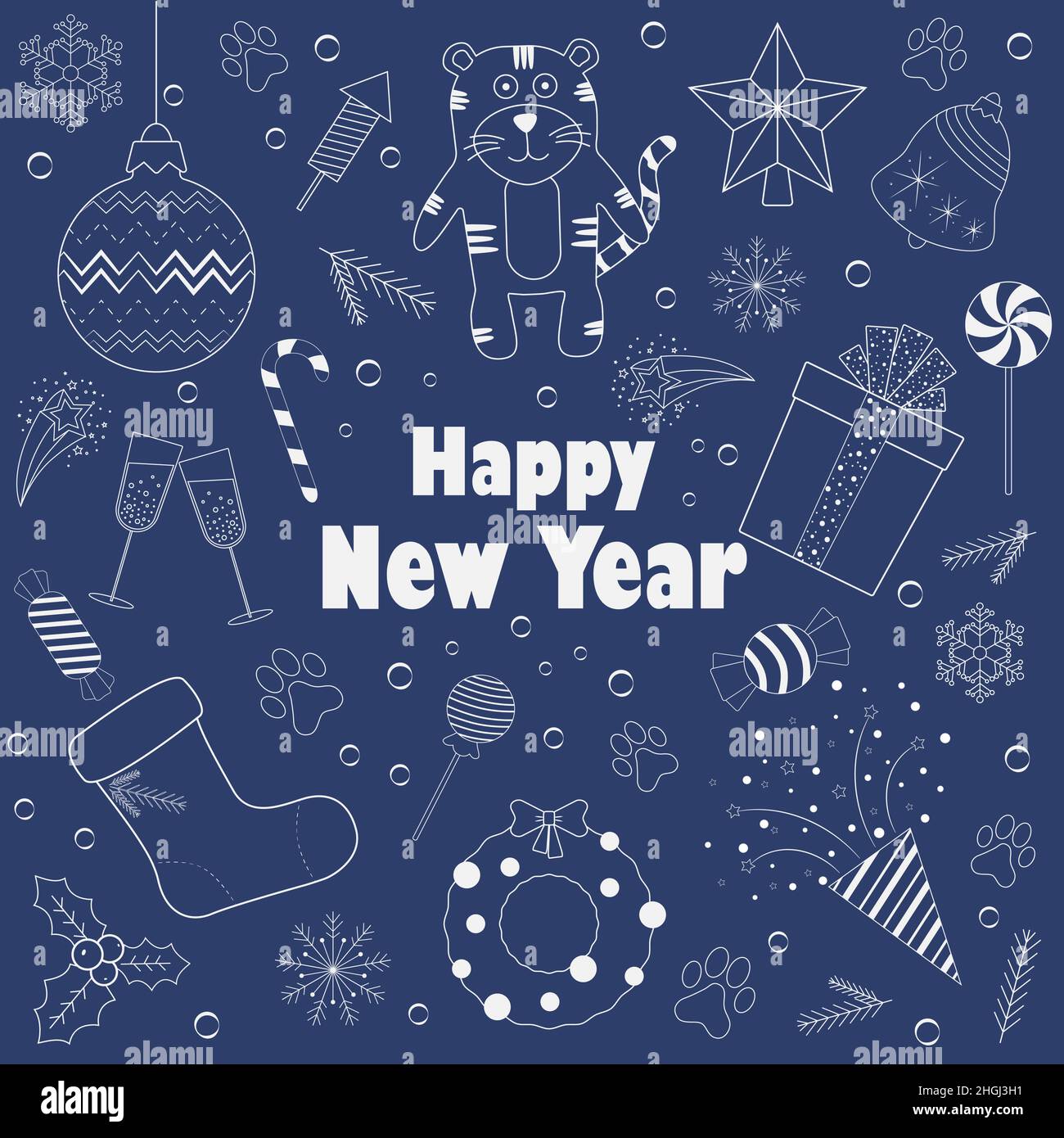a set of doodles with New Year icons white outline Stock Vector