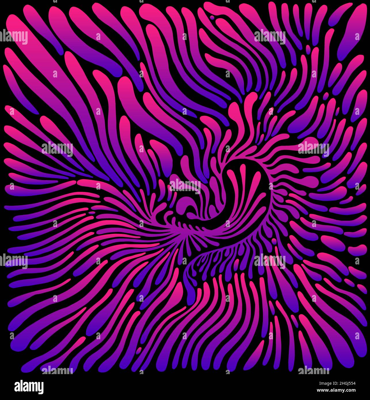 Vibrant abstract lines, spots, isolated on black background. Doodle style. Psychedelic decorative colorful ornament pink violet blue gradient color Stock Vector