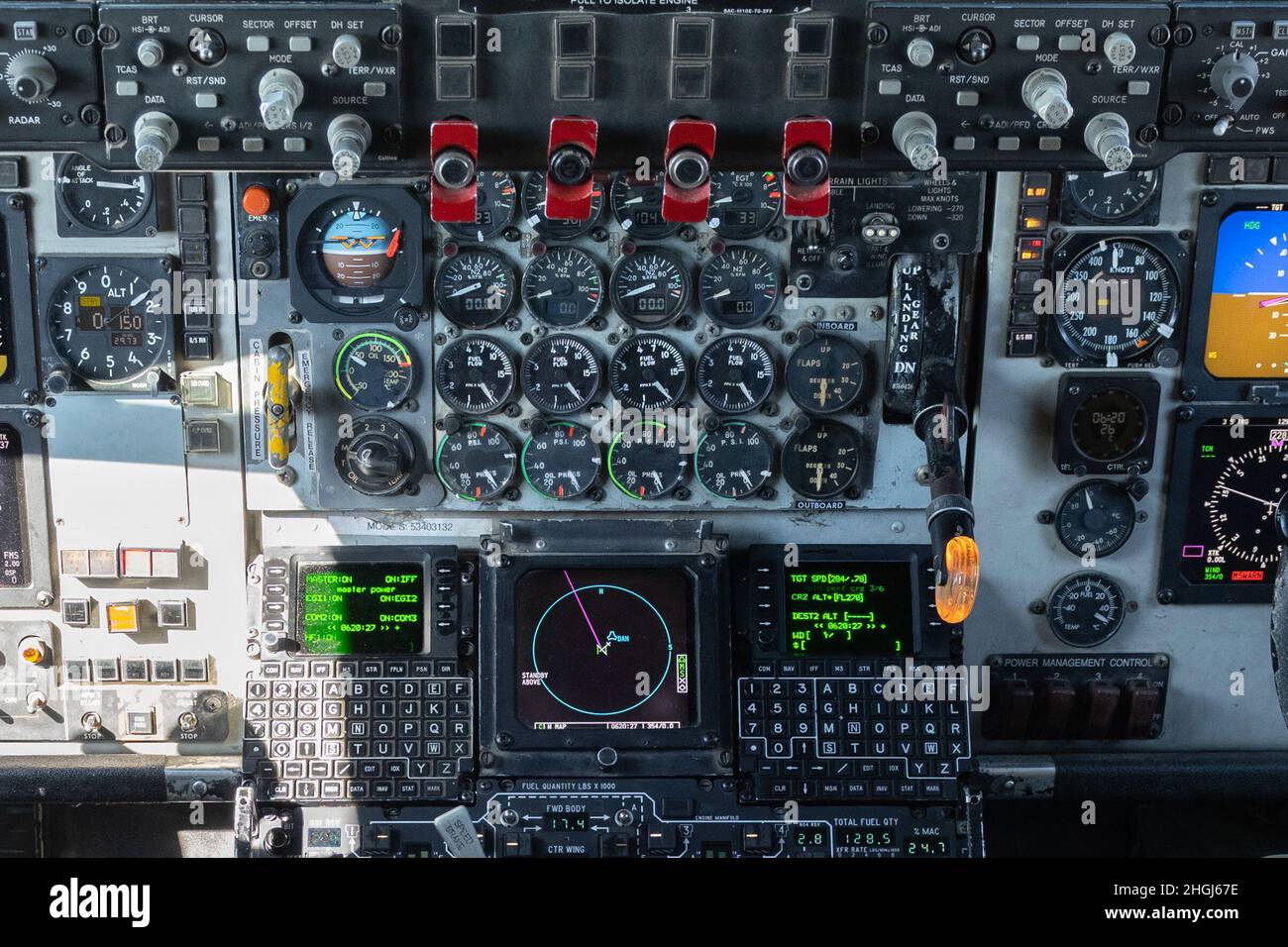 The instrument panel of a KC-135 Stratotanker cockpit on display during a 93rd Expeditionary Air Refueling Squadron immersion tour for the 39th Air Base Wing command team, at Incirlik Air Base, Turkey, Aug. 13, 2021. The command team’s visit was part of a series of immersion tours to demonstrate how each unit supports the 39th ABW and U.S. Air Forces in Europe-Air Forces Africa. The 93rd EARS delivers aerial refueling capabilities to allies and coalition partners, who help provide stability to the U.S. Central Command area of responsibility. Stock Photo