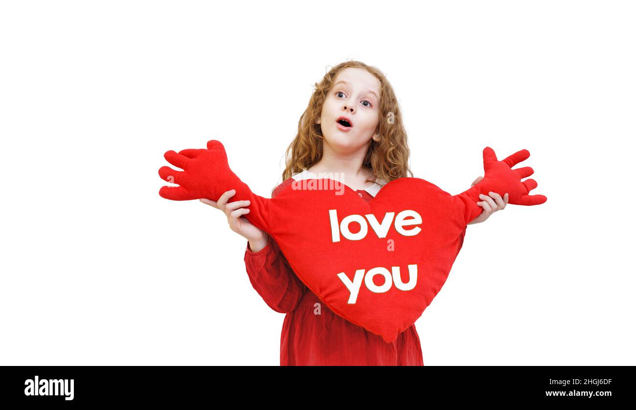 Beautiful girl holding big red heart on white background. Valentines ...