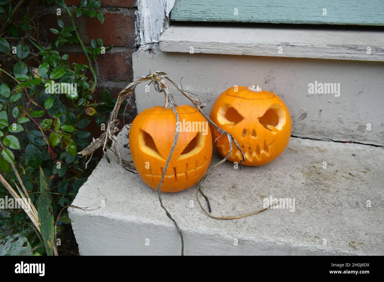 close up of two orange pumpkins with carved scary faces on a door step outside of a domestic residence Stock Photo