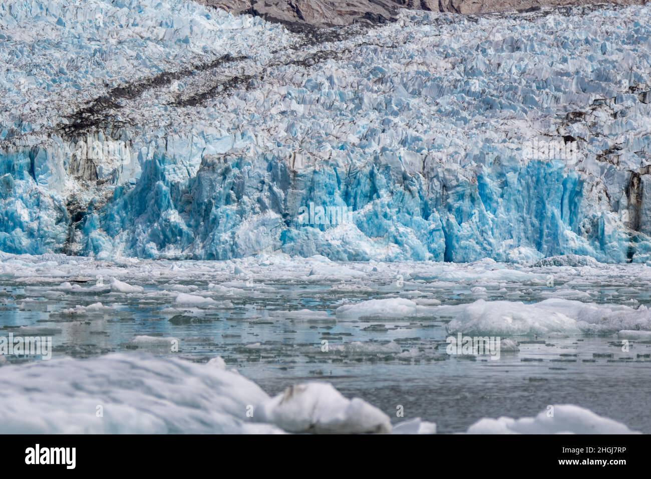 Floating icebergs, bergy bits and ice flows are seen in front of Dawes Glacier in Tracy Arm Wilderness, Alaska Stock Photo