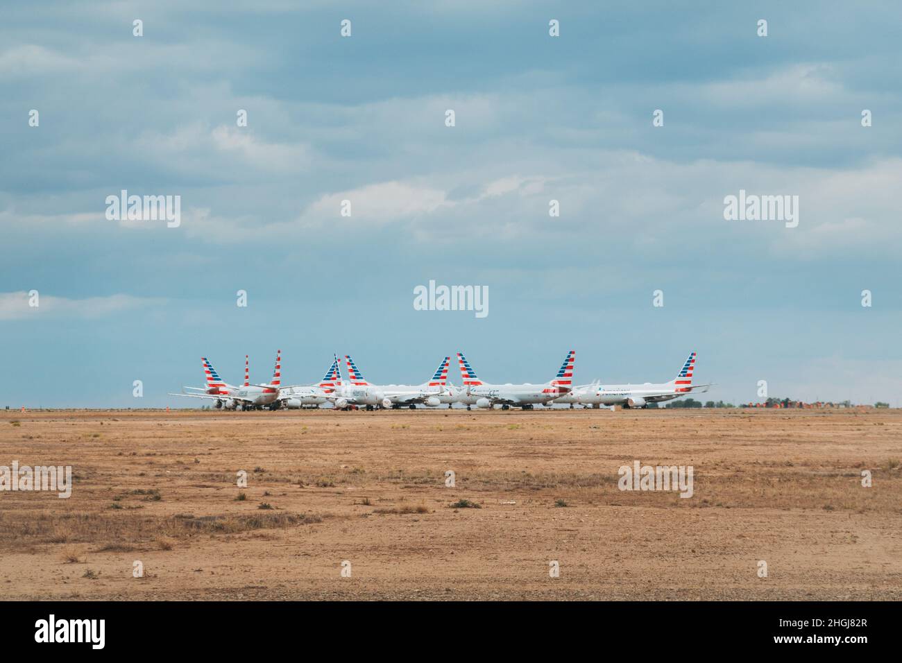 a cluster of American Airlines Boeing 737s in storage Roswell International Air Center, New Mexico, as a result of the COVID-19 pandemic Stock Photo