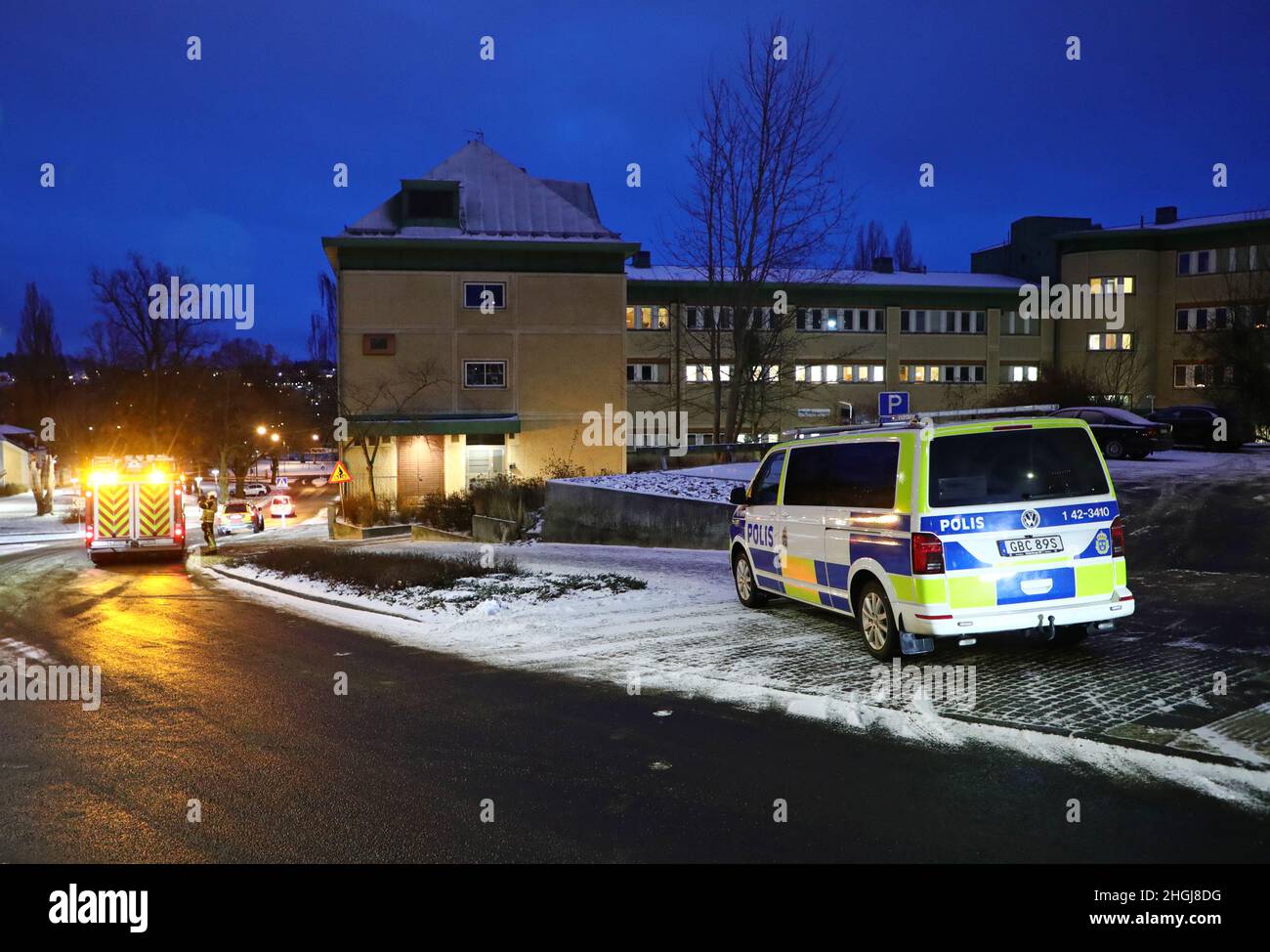 Fire in the Social welfare office (In Swedish: Socialkontoret) in the city of Motala, Sweden. A man was arrested after starting the fire. The rescue service and the police on site on Wednesday afternoon. Stock Photo