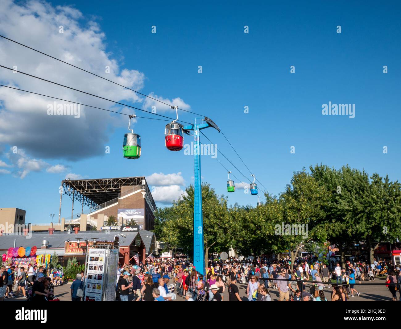 FALCON HEIGHTS, MN - 23 AUG 2019: The Sky Ride is an aerial cable ride with colorful gondolas at the Minnesota State Fair. Stock Photo