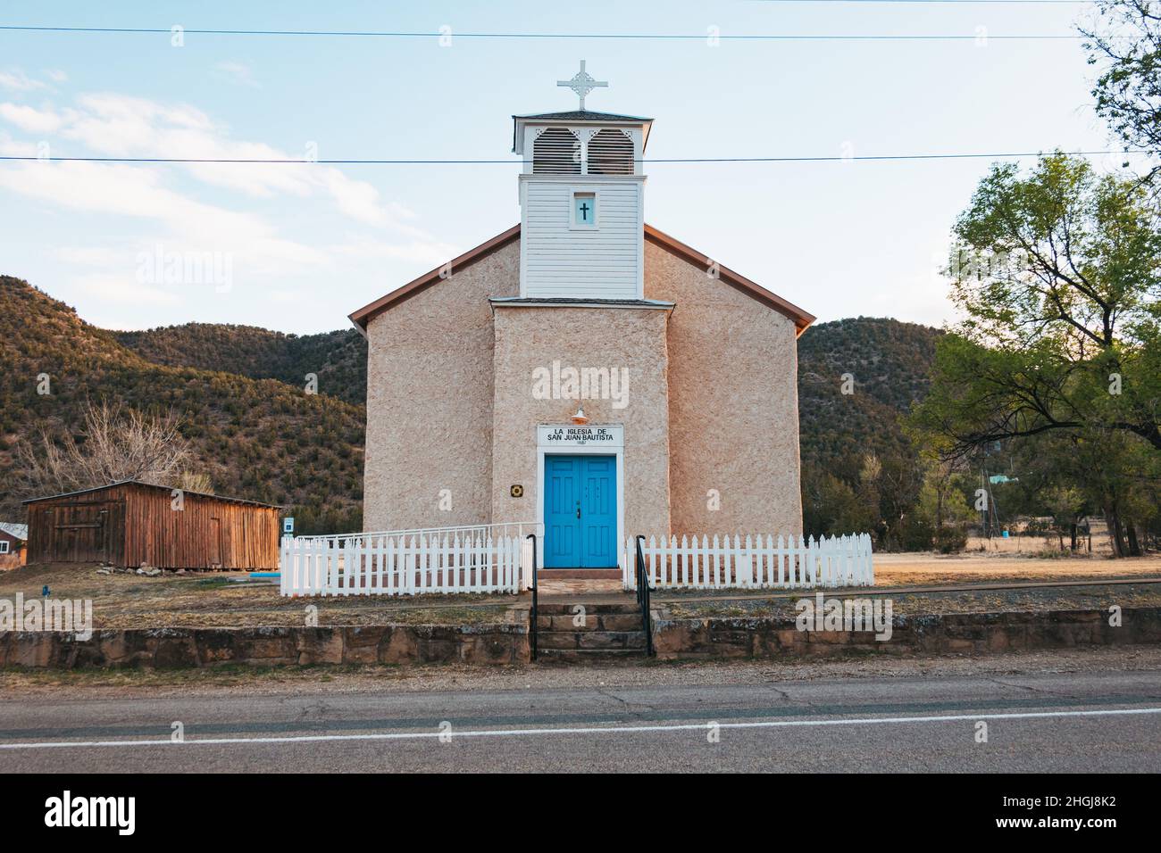 La Iglesia De San Juan Bautista churchm completed 1887 in Lincoln Historic District, an Old West town in New Mexico, United States Stock Photo