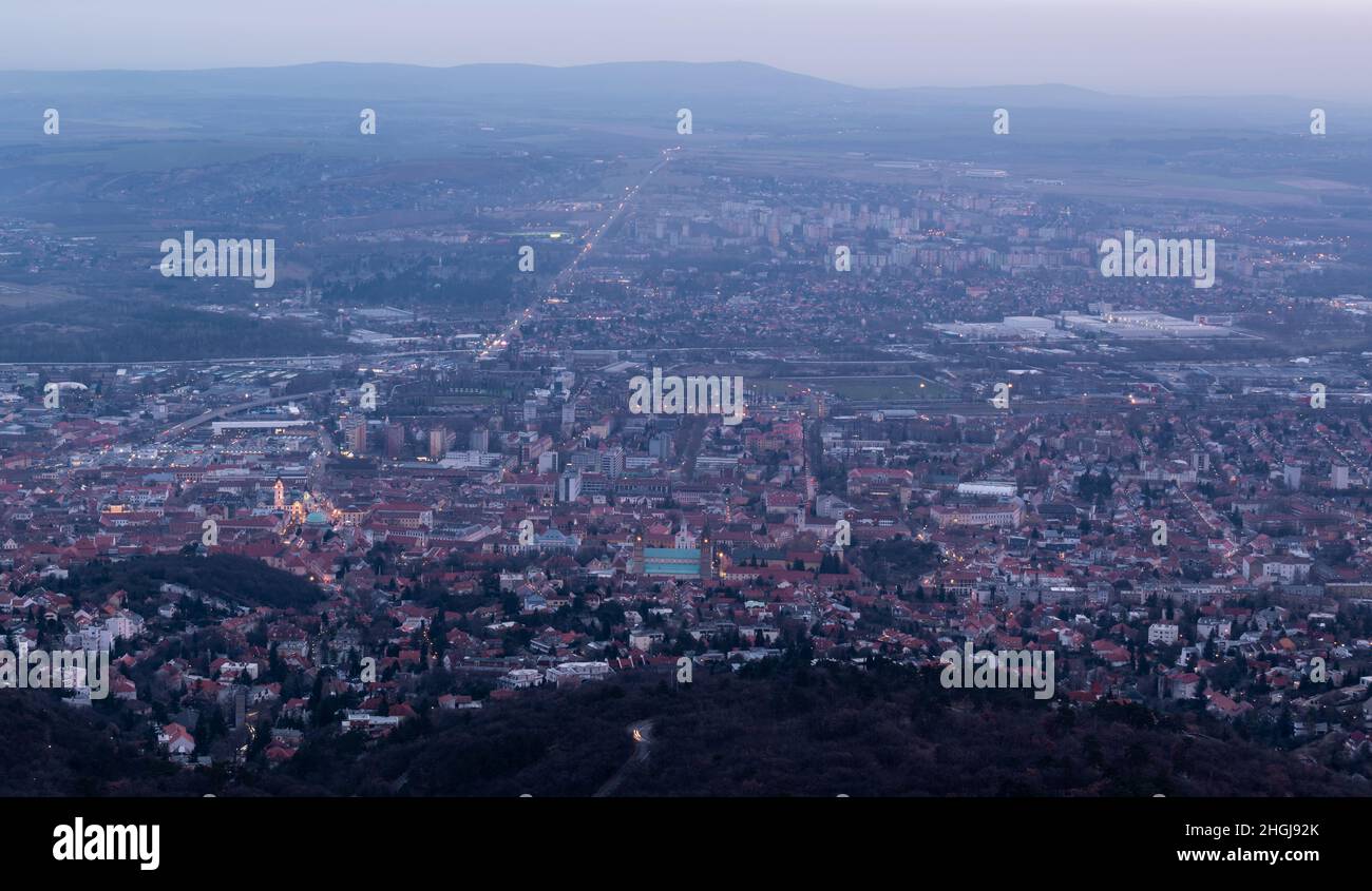 Aerial view panorama of hungarian city of Pecs, cityscape of Pecs in Hungary Stock Photo