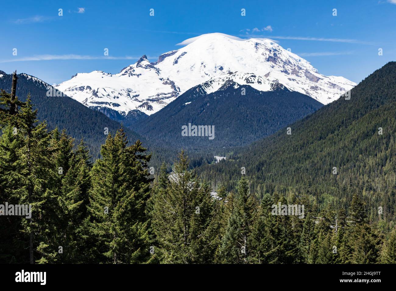Mount Rainier and the surrounding forest and valleys of Mount Rainier National Park in Washington State Stock Photo