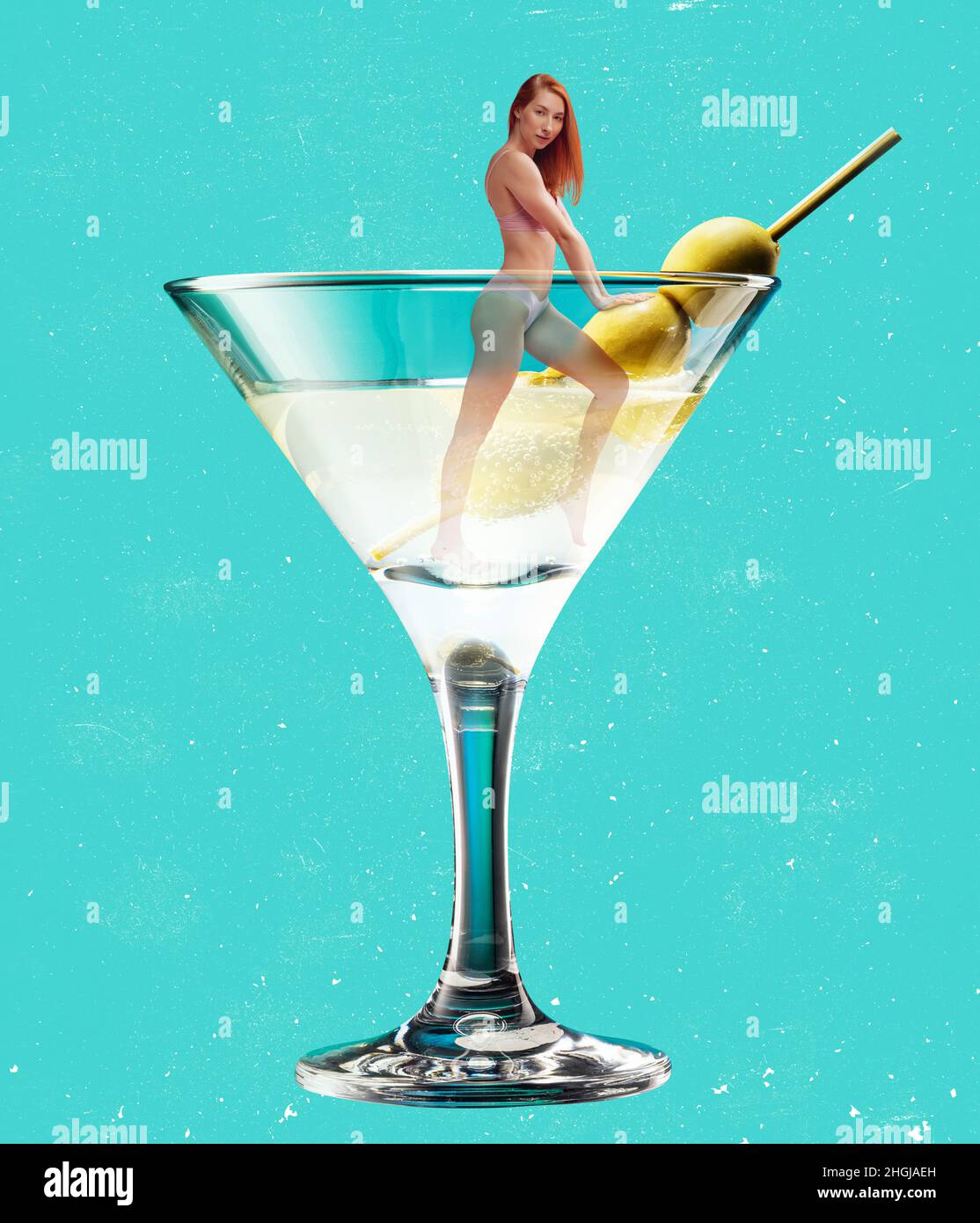 Young slim girl into martini cocktail glass isolated on blue background.  Contemporary art collage, modern design. Nightclub, party mood. Surrealism  Stock Photo - Alamy