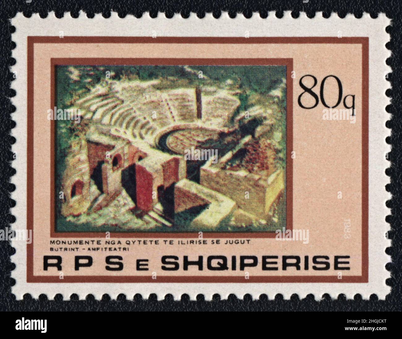 Postage stamps of Shqiperise. Amphitheater of Butrint, World Heritage Sites, Albania. Monuments from South Illyrian cities.  History of Albania. Stock Photo