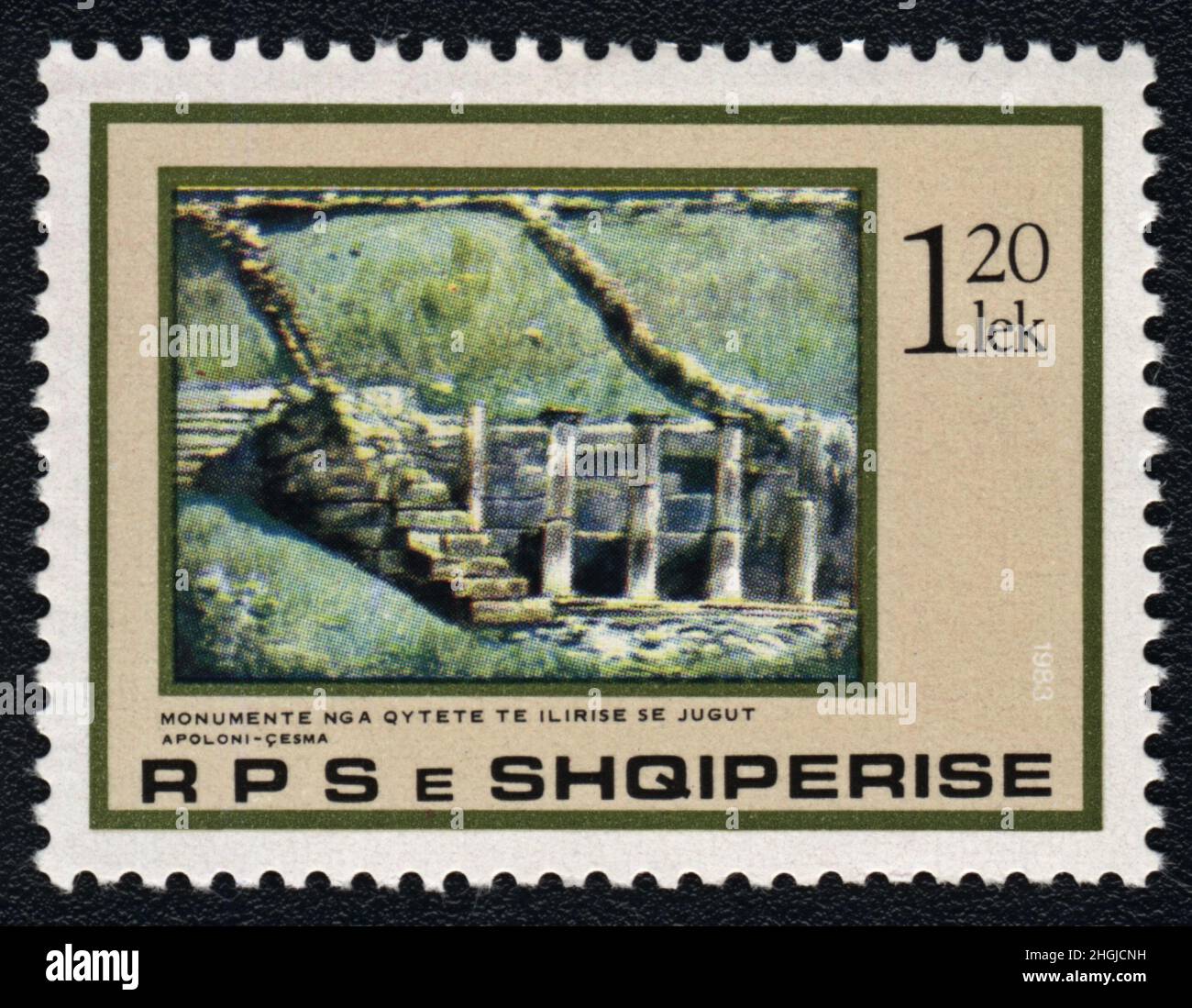 Postage stamps Shqiperise. Ruins Of An Ancient Greek City Of Apollonia. History of Albania. Monuments from South Illyrian cities Stock Photo