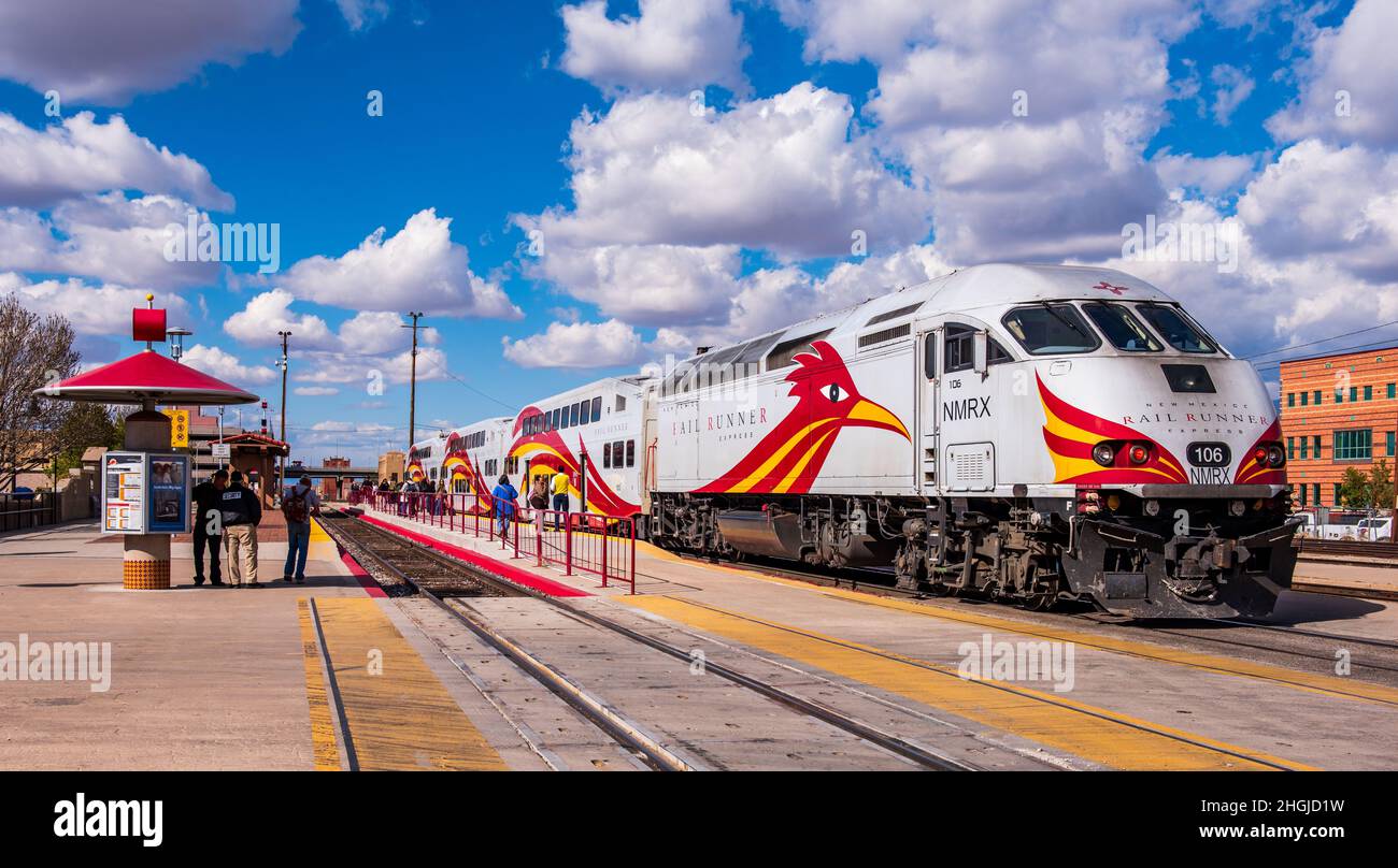 Albuquerque NM - APRIL 1:  People waiting to. board New Mexico Railrunner Express train at the Alvarado Transport Center depot in Albuquerque NY on Ap Stock Photo