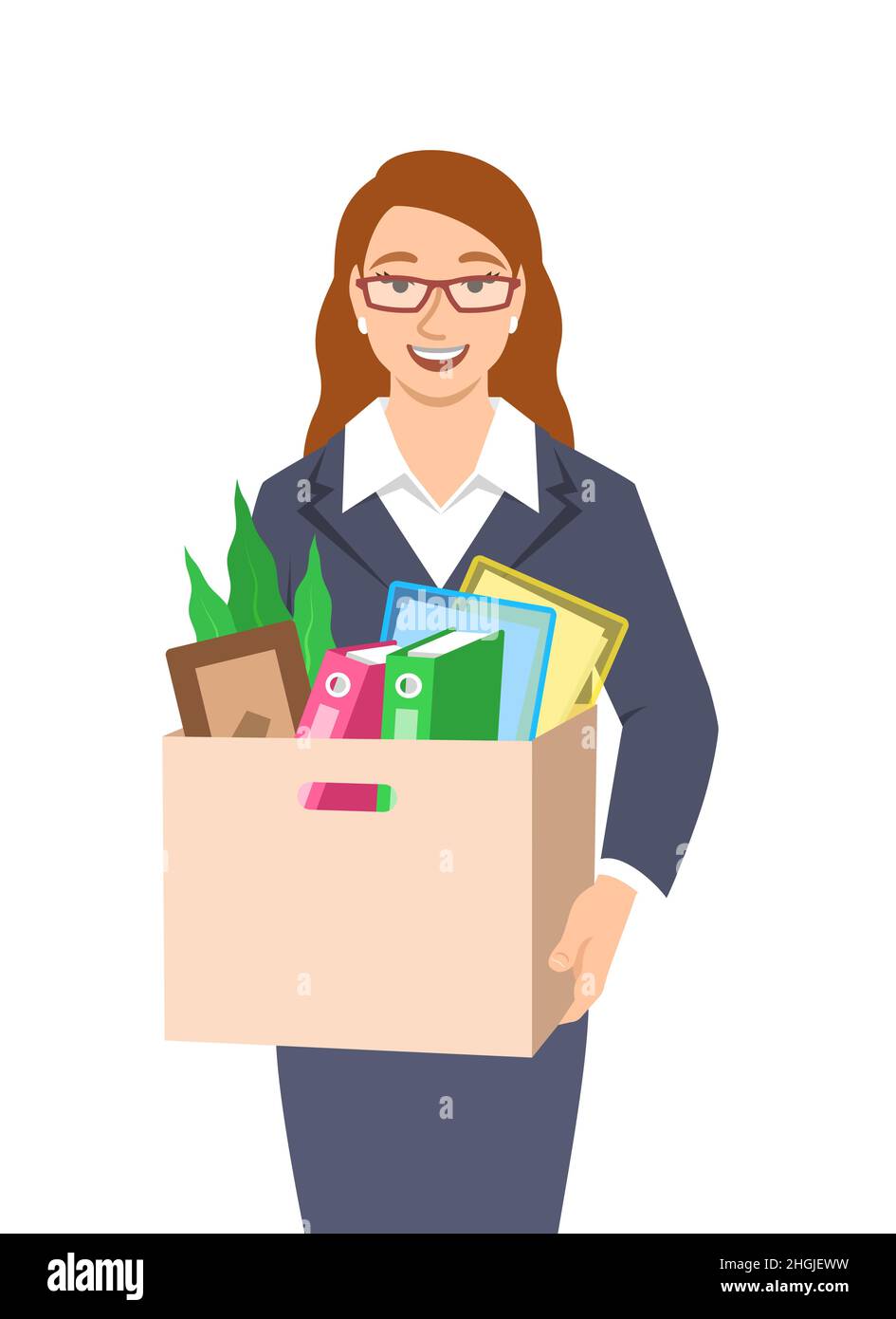 Young woman office worker starts new job in business team. New job opportunity concept. Modern girl got a job for her career development. Happy employ Stock Vector