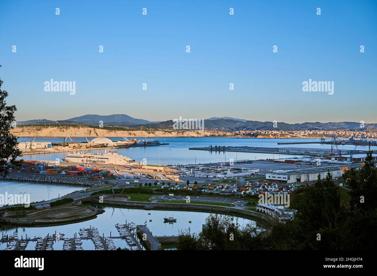 View of the port of Bilbao from Abanto and Zierbena with the new Salamanca Ferry of the Brittany Ferries company at the pier, Zierbena, Biscay, Basque Stock Photo