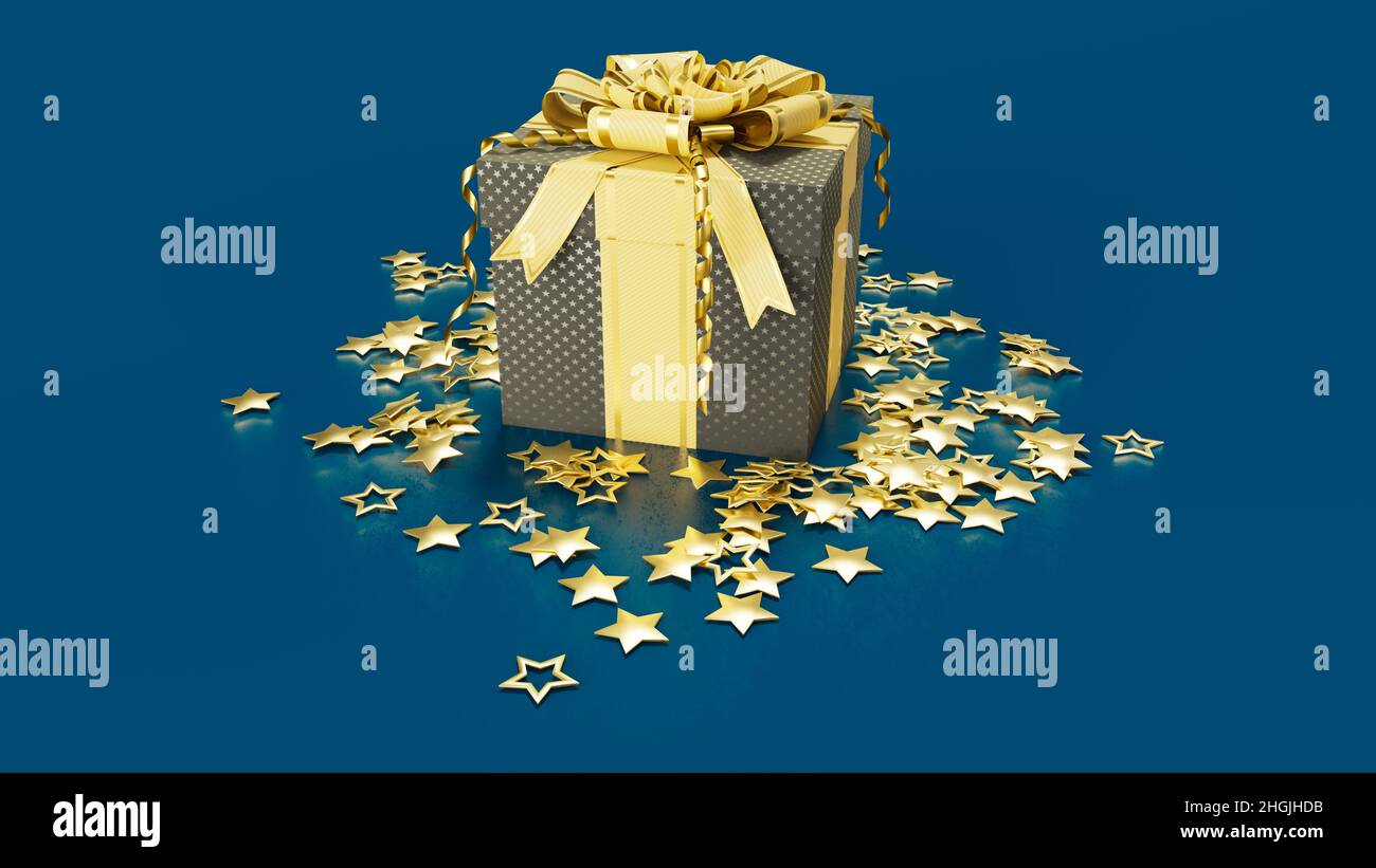 gold - grey gift box with stars on blue - christmas concept - abstract ...