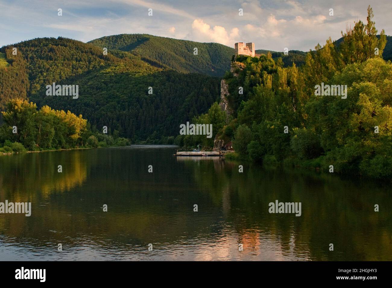 Medieval castle Strecno on Vah river with raft near of town Zilina, central Europe, Slovakia Stock Photo