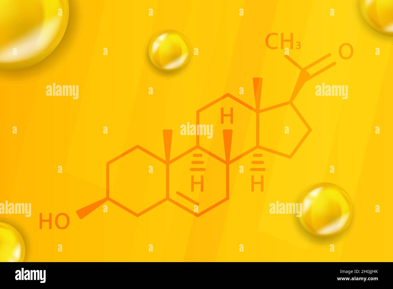 Pregnenolone chemical formula. Pregnenolone 3D Realistic chemical molecular structure Stock Vector