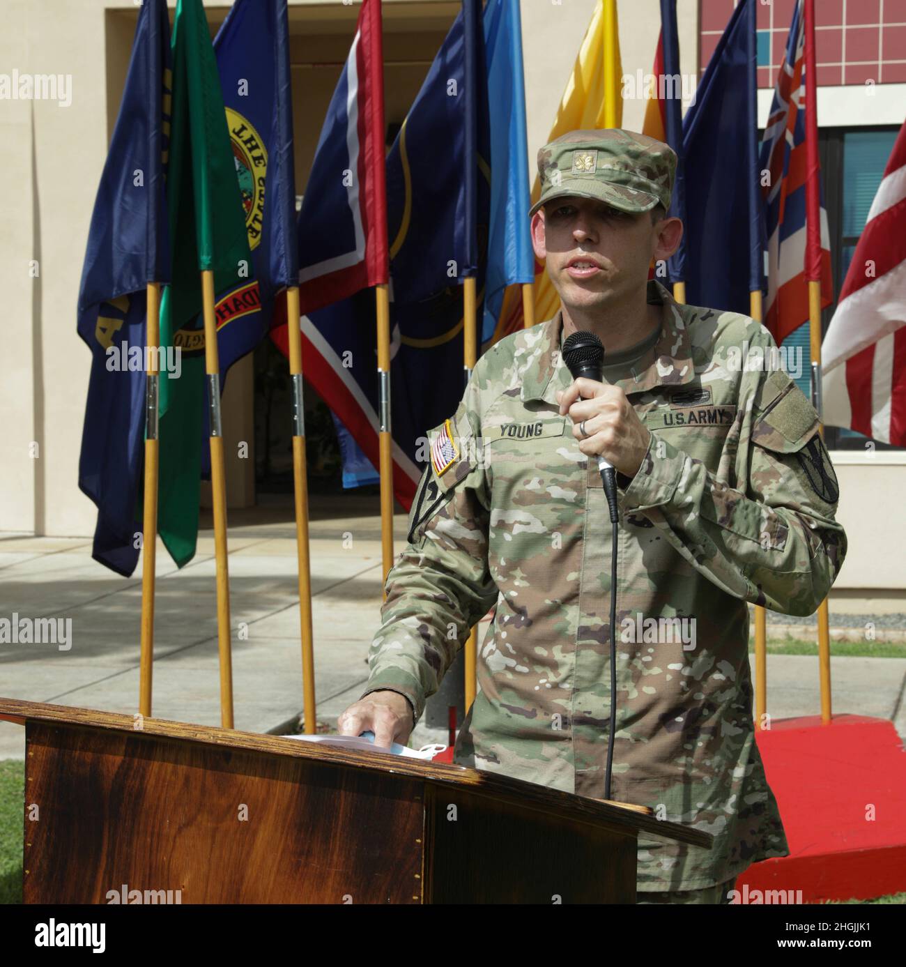 U.S. Army Reserve Maj. James Young address the crowd on August 21 2021 ...
