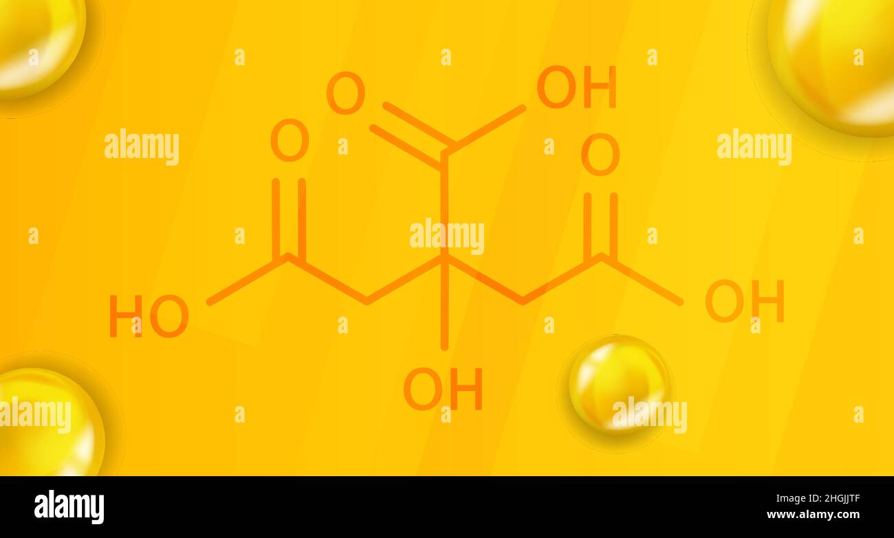 Citric acid chemical formula. Citric acid 3D Realistic chemical molecular structure Stock Vector