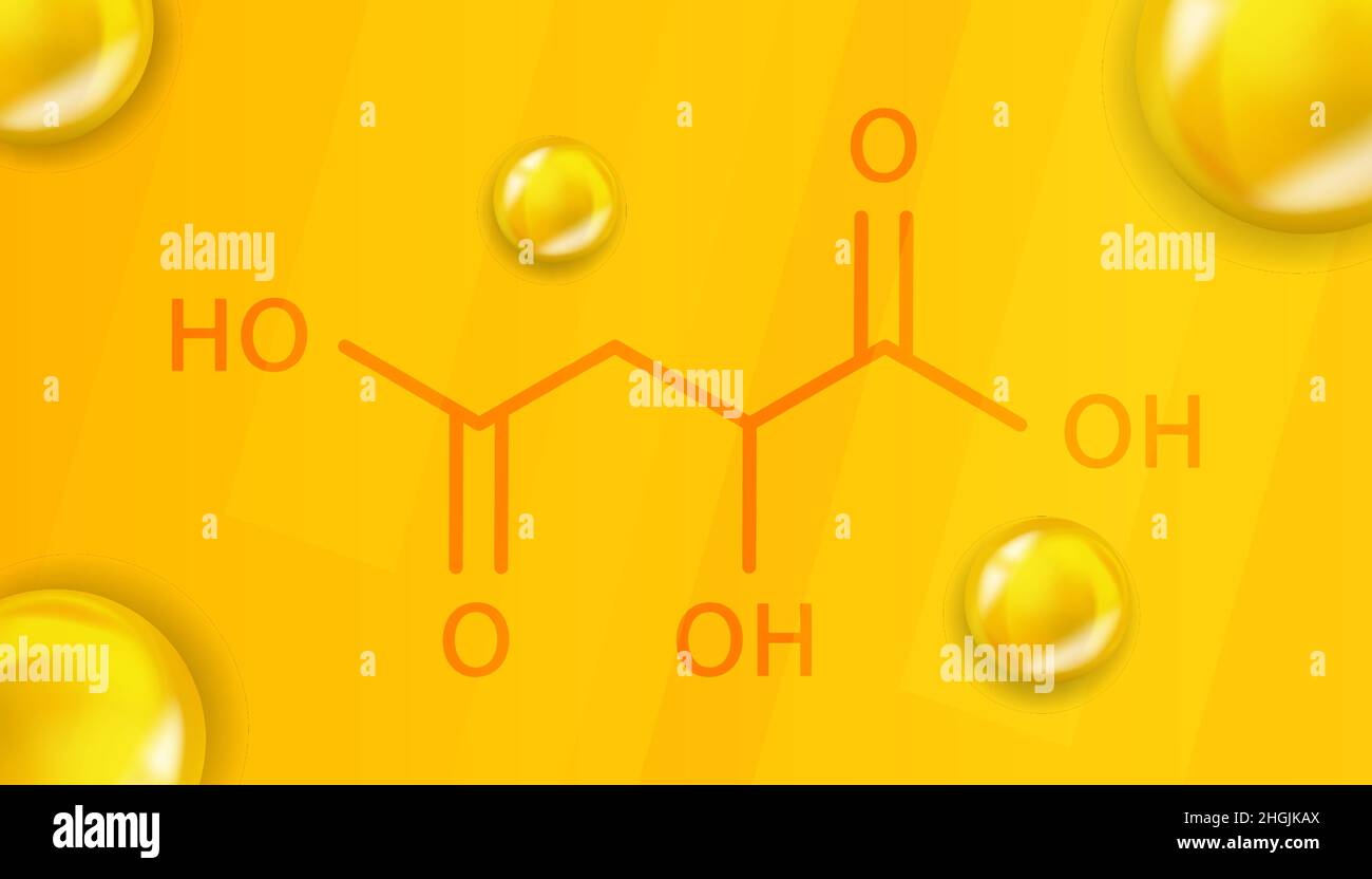 Malic acid chemical formula. Malic acid 3D Realistic chemical molecular structure Stock Vector