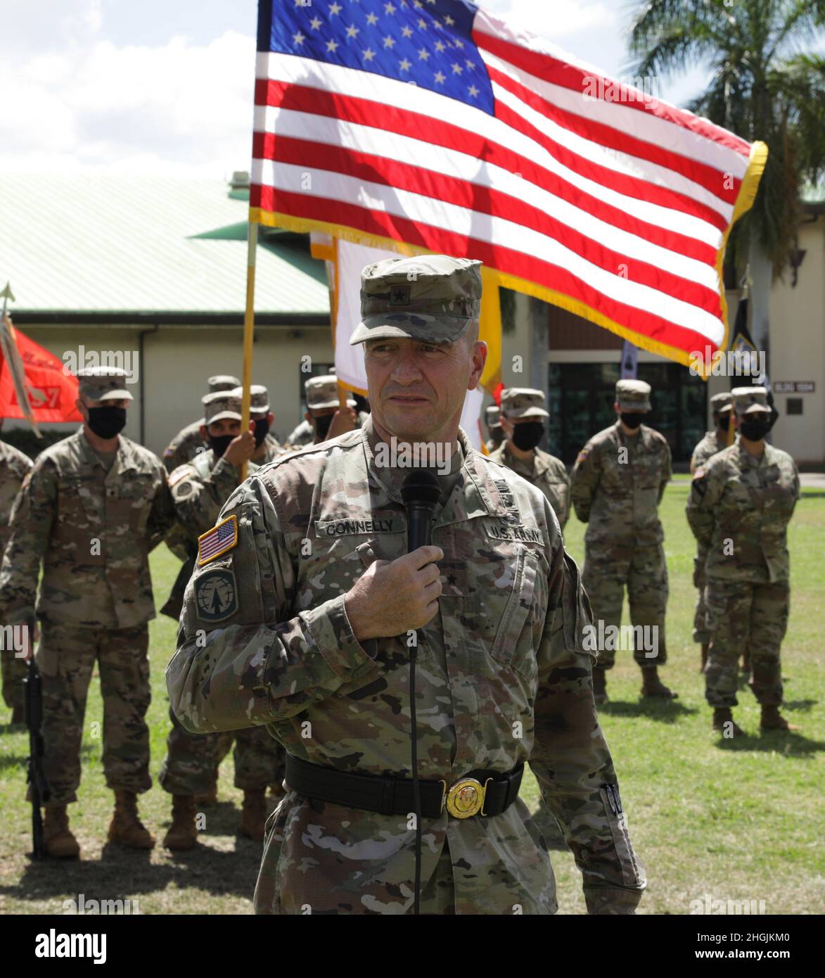 U.S. Army Reserve 9th Mission Support Command Commander Brig. Gen. Timothy Connelly speaks to the 303rd Maneuver Enhancement Brigade August 22 2021, at Fort Shafter Flats in Honolulu.  Connelly spoke to the friends, family and soldiers of the 303rd MEB to commemorate the service of it's outgoing commander Col. John Dethlefs dedication to the brigade. Stock Photo