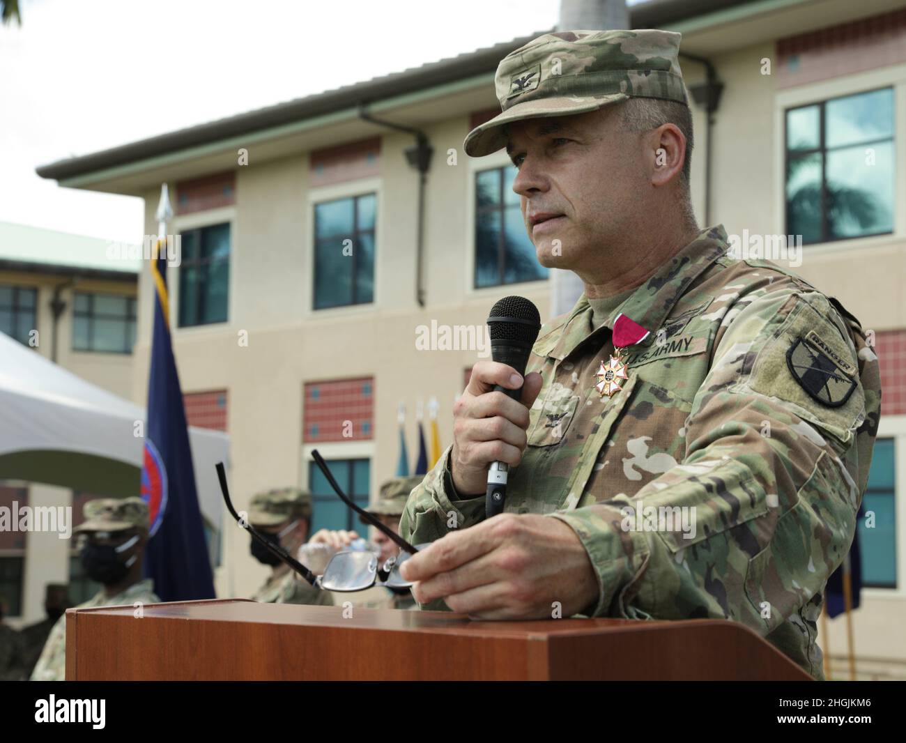 U.S. Army Reserve Col. John Dethlefs addresses the 303rd Maneuver Enhancement Brigade on August 22 2021, at Fort Shafter Flats in Honolulu.  Over the course of his Army career, Dethlefs has graduated from numerous schools, including the U.S. Army Airborne and Ranger schools. Stock Photo