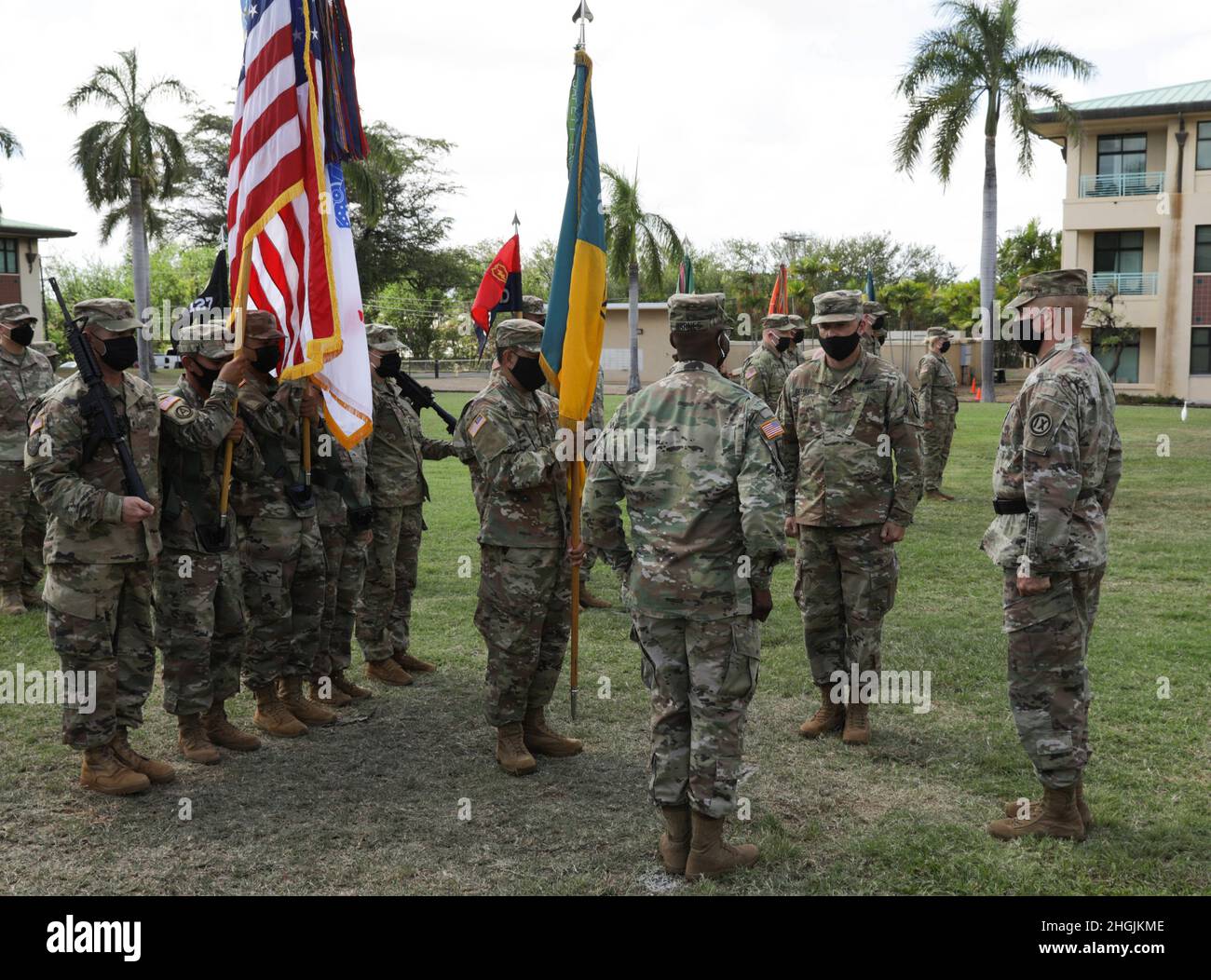U.S. Army Reserve soldiers from the 303rd Maneuver Enhancement Brigade stand at attention on August 22 2021, at Fort Shafter Flats in Honolulu.  The 303rd MEB provides Mission Command for Maneuver Support elements in order to ensure freedom of action, mobility, protection and sustainability to supported forces within our assigned area of responsibility. Stock Photo