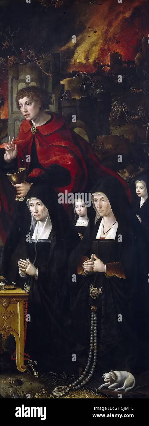 San Juan evangelista con dos damas y dos niñas, San Adrián - 1532 - oil on wood 112 x 44 cm - Van Aelst Pieter Coecke Stock Photo