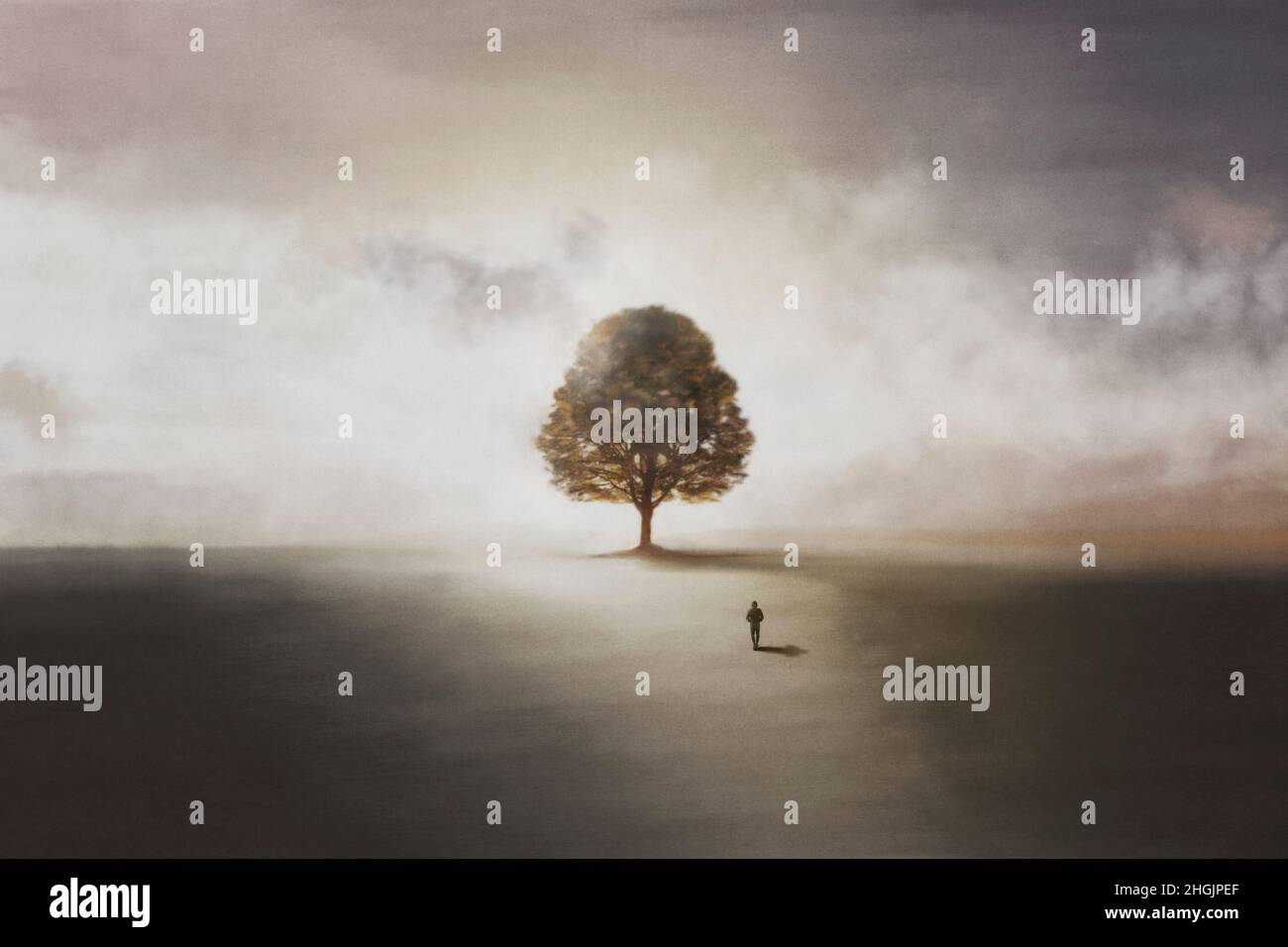 illustration with lonely man walking towards a tree, symbol of life Stock Photo