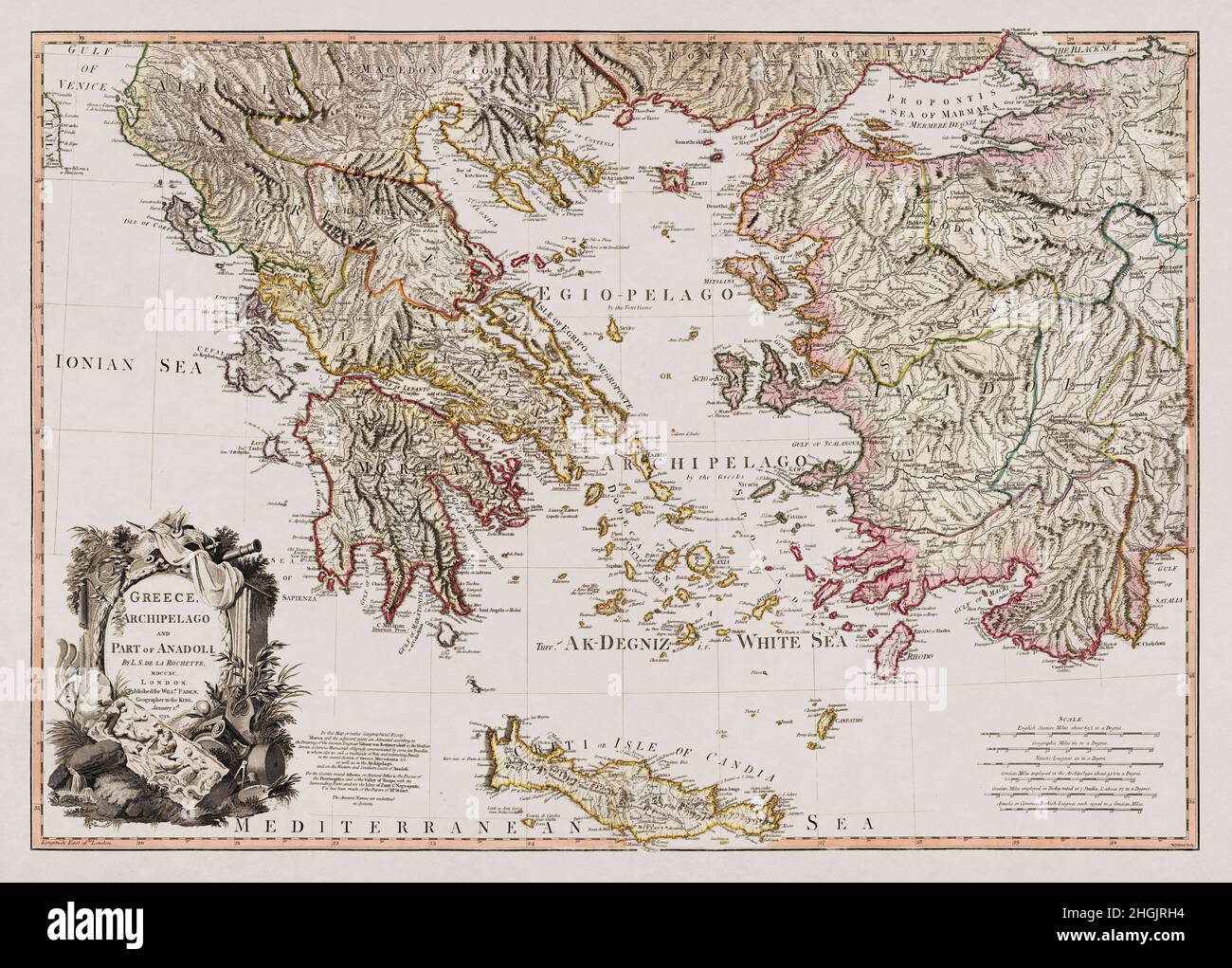 Map of Greece, it's archipelago and part of Anadoli drawn by Louis Stanislas d'Arcy Delarochette in 1791. Stock Photo