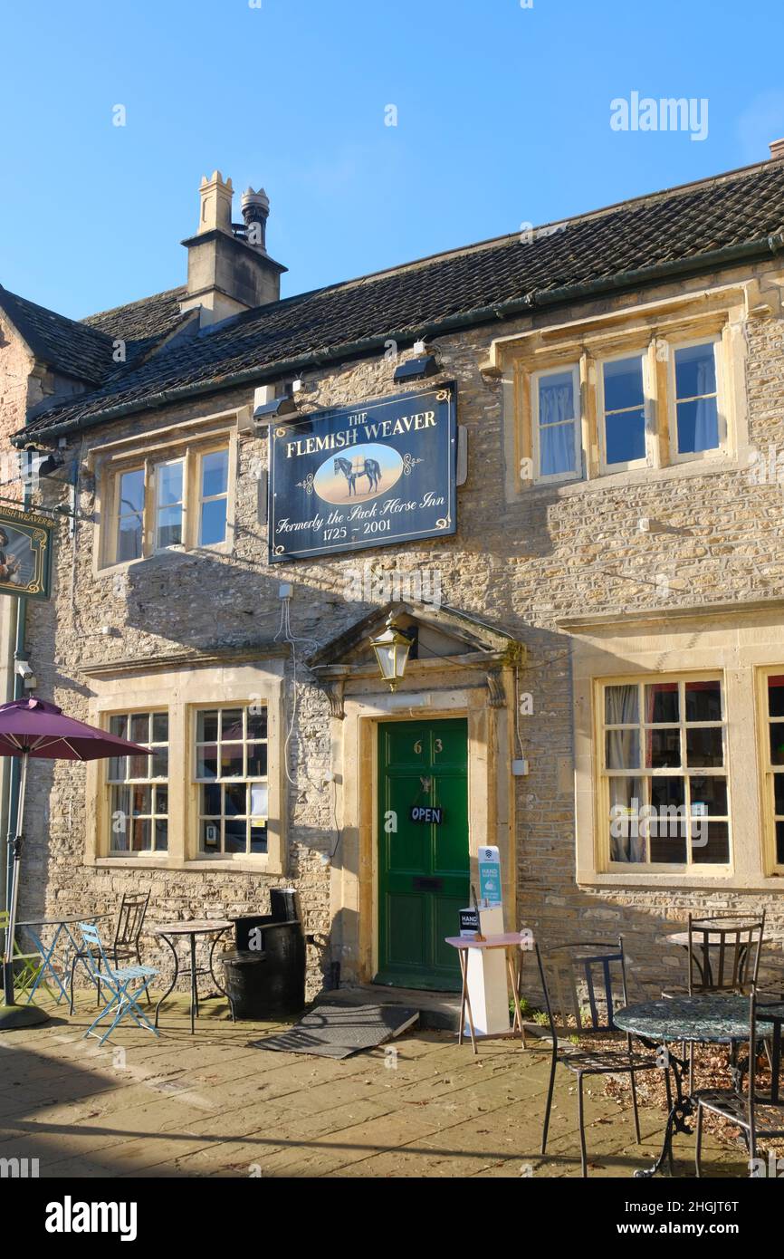 Bright winters day in Corsham, a small wiltshire Town. The flemish weaver Pub Stock Photo