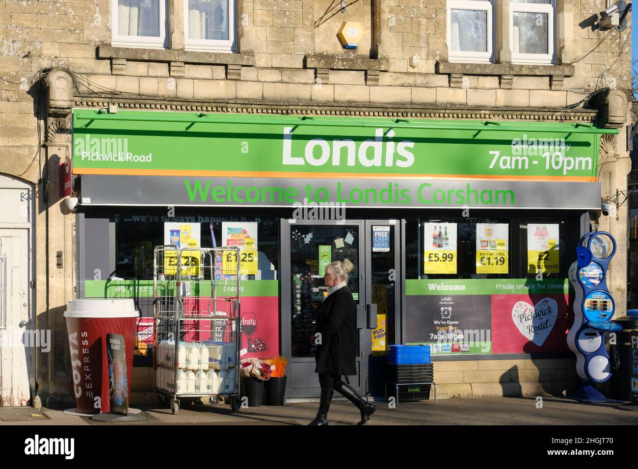 Bright winters day in Corsham, a small wiltshire Town  The Londis store. Stock Photo