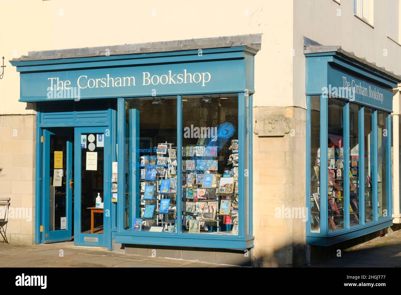 Bright winters day in Corsham, a small wiltshire Town. The corsham Bookshop. an Independent store. Stock Photo