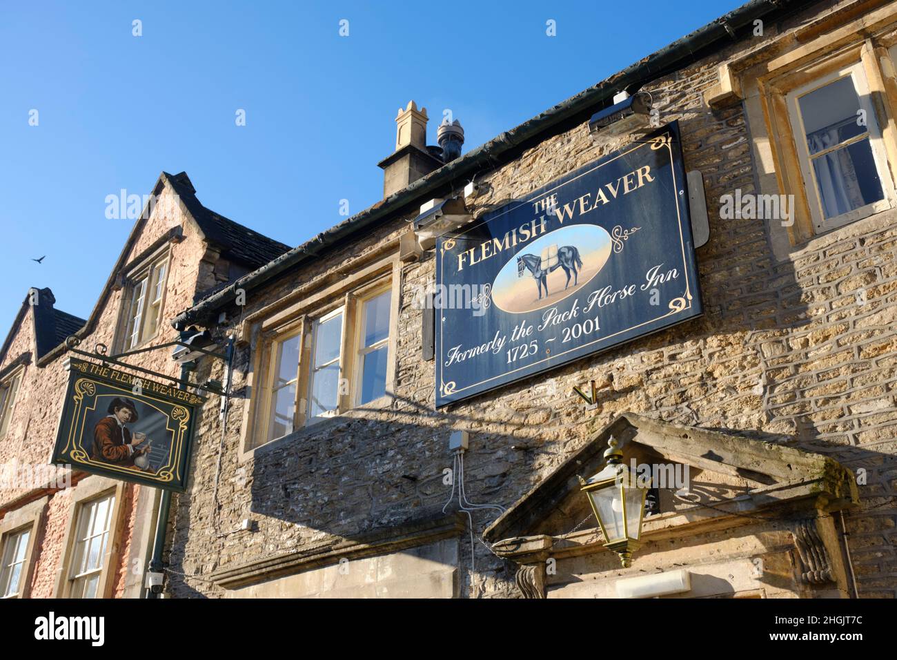 Bright winters day in Corsham, a small wiltshire Town. The Flemish Weaver Pub Stock Photo