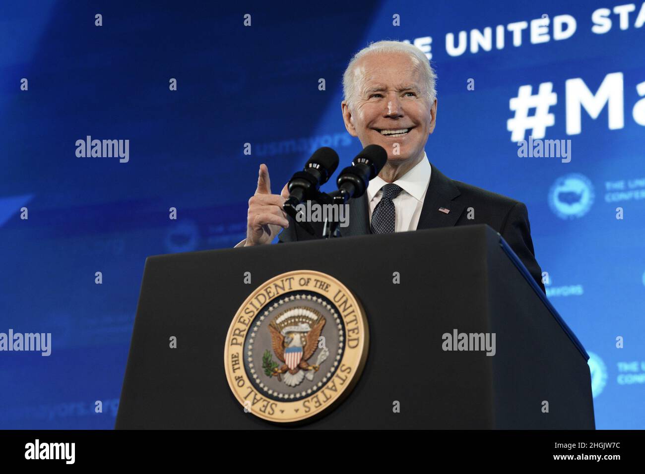 Washington DC, USA. 21st Jan, 2022. U.S. President Joe Biden addresses the Mayors 90th Annual Winter Meeting in Washington, DC on January 21, 2022. Photo by Yuri Gripas/UPI Credit: UPI/Alamy Live News Stock Photo