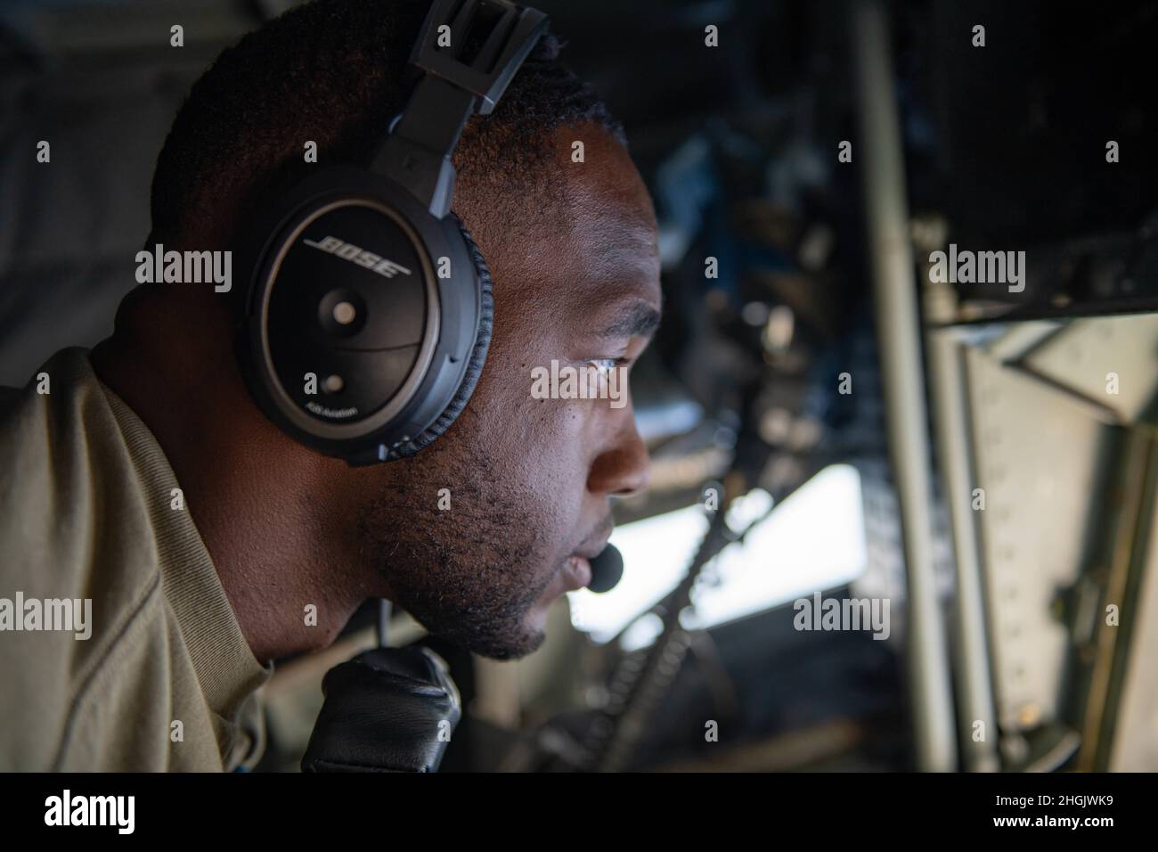U.S. Air Force Staff Sgt. Reinaldo Brown, 909th Air Refueling Squadron boom operator, refuels a U.S. Marine Attack Squadron 211 F-35B Lightning II, assigned to the United Kingdom Carrier Strike Group, during a Large Scale Global Exercise 21 mission over the western Pacific Ocean, Aug. 24, 2021. LSGE 21 participants have the opportunity to further enhance their capability and proficiency to respond to shared challenges as part of a joint or combined effort. Stock Photo