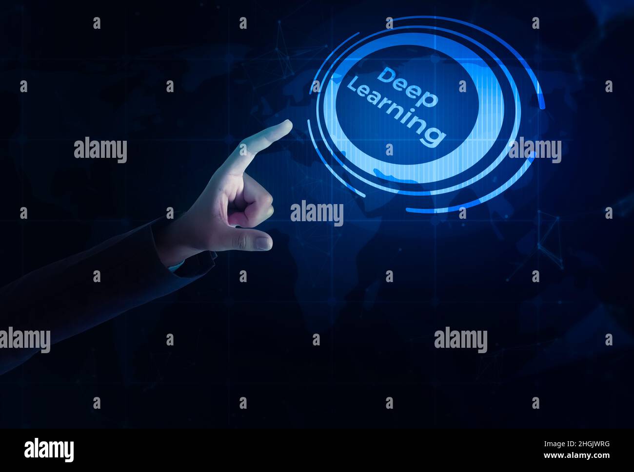 Deep Learning and Artificial Intelligence Abstract Technology Concept Background. Metaverse and Virtual world backdrop Stock Photo