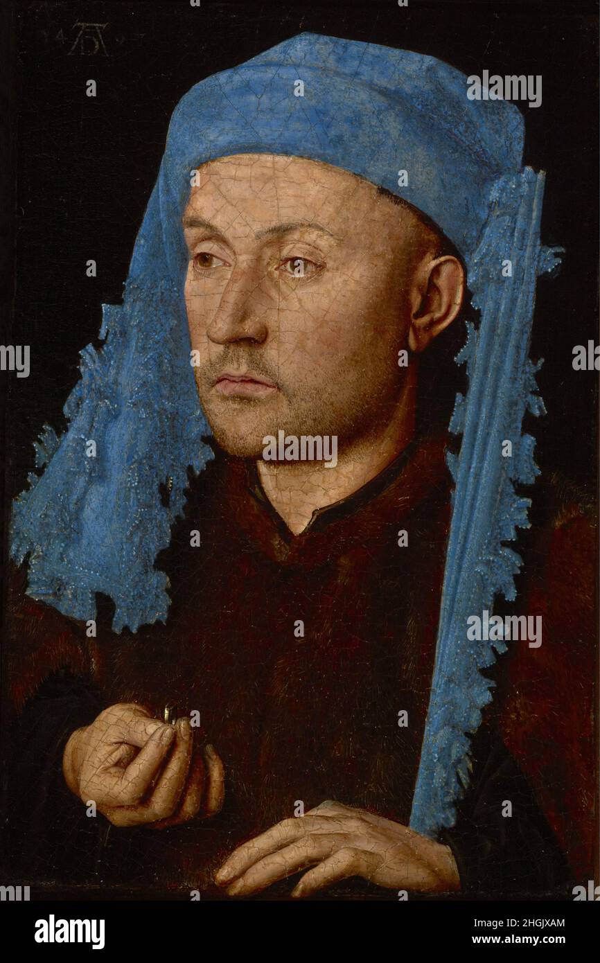 Portrait of a Man with a Blue Chaperon - oil on wood 22.5 × 16.6 cm - Van Eyck Jan Stock Photo