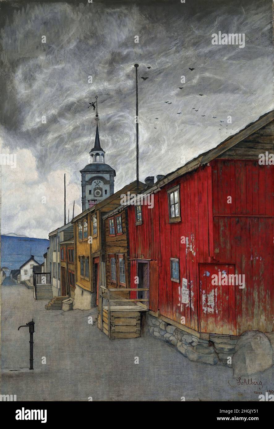 Street in Røros - 1902 - Oil on canvas 60,5 x 88 cm - Sohlberg Harald Oskar Stock Photo