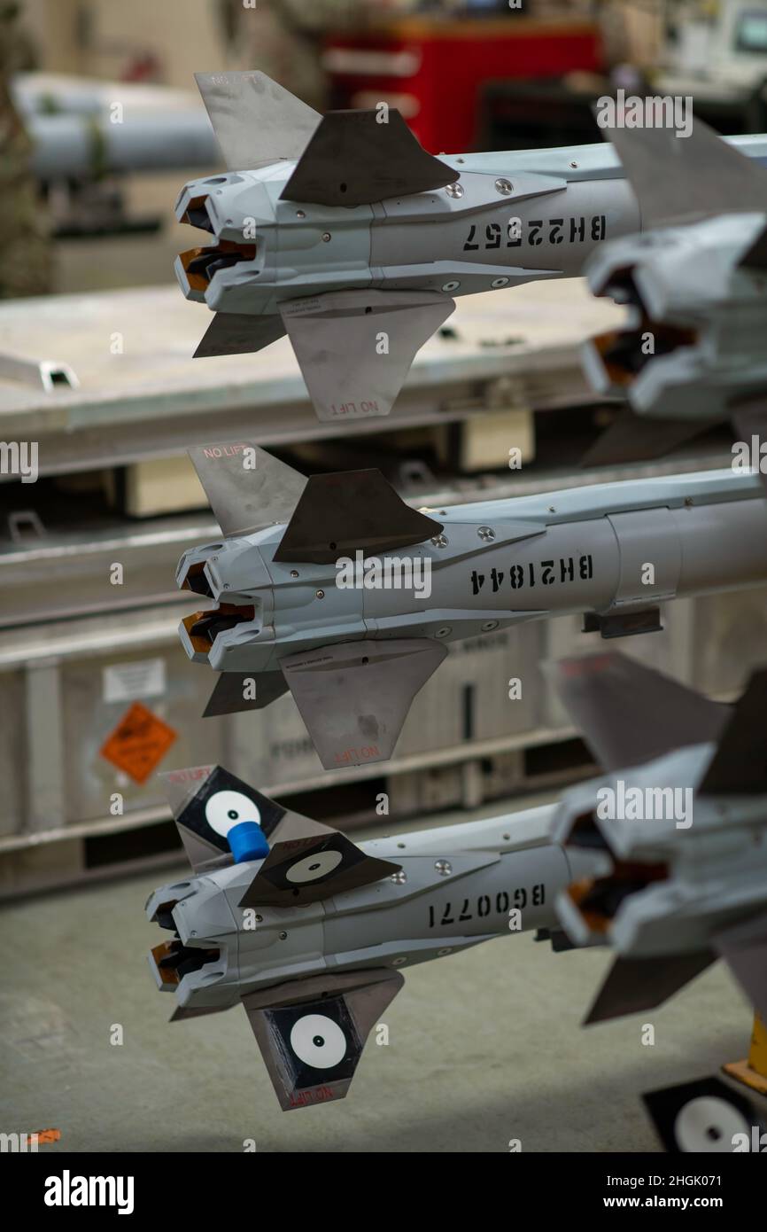AIM-9 Sidewinder Missiles are stock piled at Tyndall Air Force Base, Florida, Aug. 25, 2021. In preparation for a Weapons System Evaluation Program, the 325th Munitions Squadron builds and prepares munitions as early as possible to stay ahead of schedule. Stock Photo