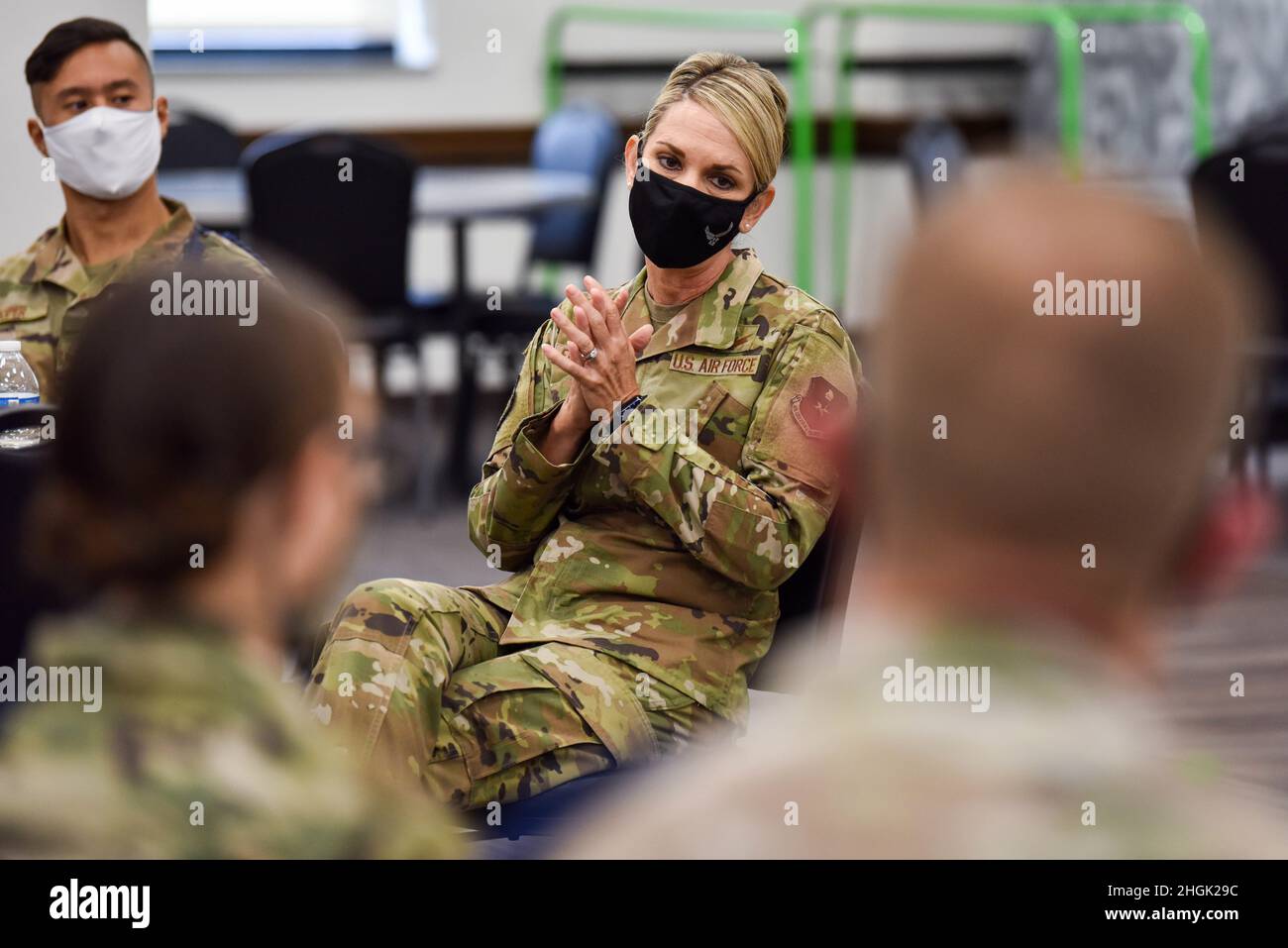 U.S. Air Force Maj. Gen. Michele Edmondson, 2nd Air Force commander, speaks with the 316th Training Squadron military training leaders, during her visit to Goodfellow Air Force Base, Texas, Aug. 26, 2021. Edmondson hosted a questions and answers luncheon with MTLs to have an open-discussion on Air Force related topics. Stock Photo