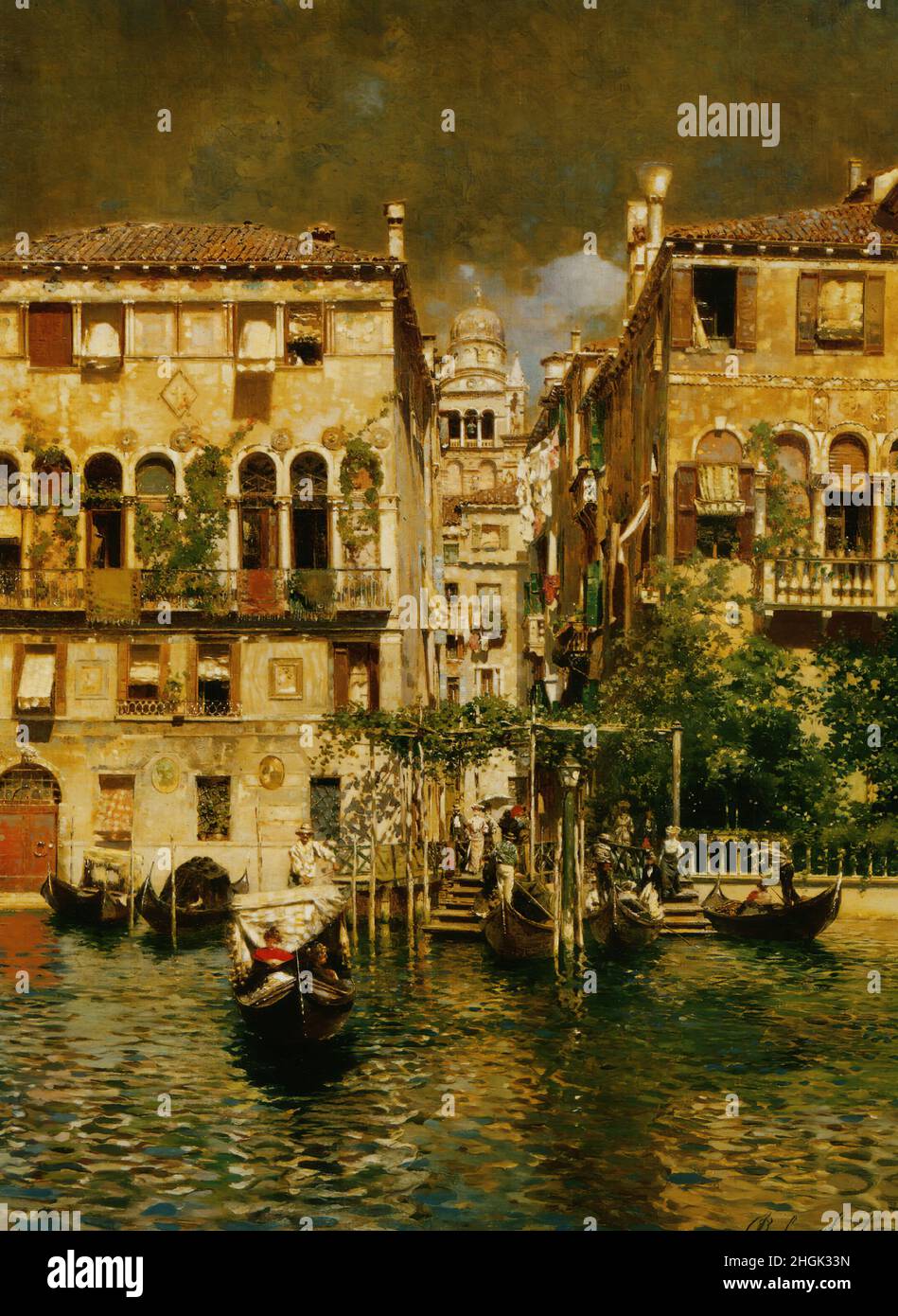 Santoro Rubens - Private Collection - Gondolas leaving a residence on the Grand Canal, Venice- unknown date -  oil on canvas 49,6 x 36,2 cm - Stock Photo