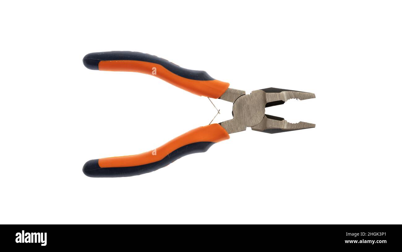 Pliers, work tool. Rubber handle new combination pliers isolated cut
