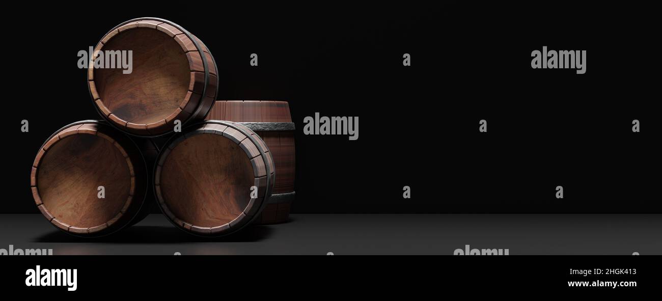 Oak wood barrel, wine beer storage. Wooden alcohol barrel on dark