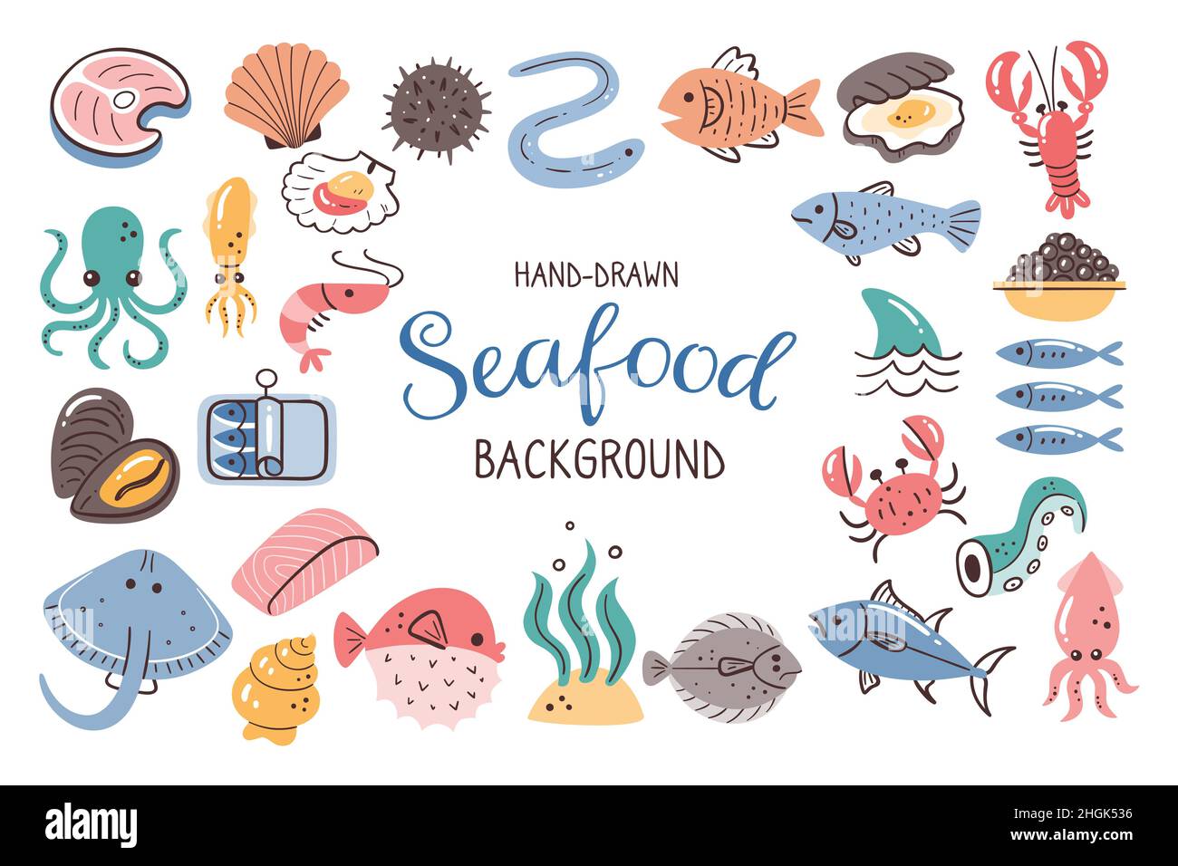 Seafood background. Fish, seaweed and shellfish. Food ingredients for cooking illustration. Isolated colorful hand-drawn icons on white background. Ve Stock Vector