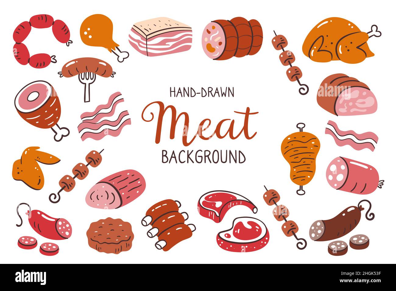 Meat background. Pieces of meat and meat products. Food ingredients for cooking illustration. Isolated colorful hand-drawn icons on white background. Stock Vector