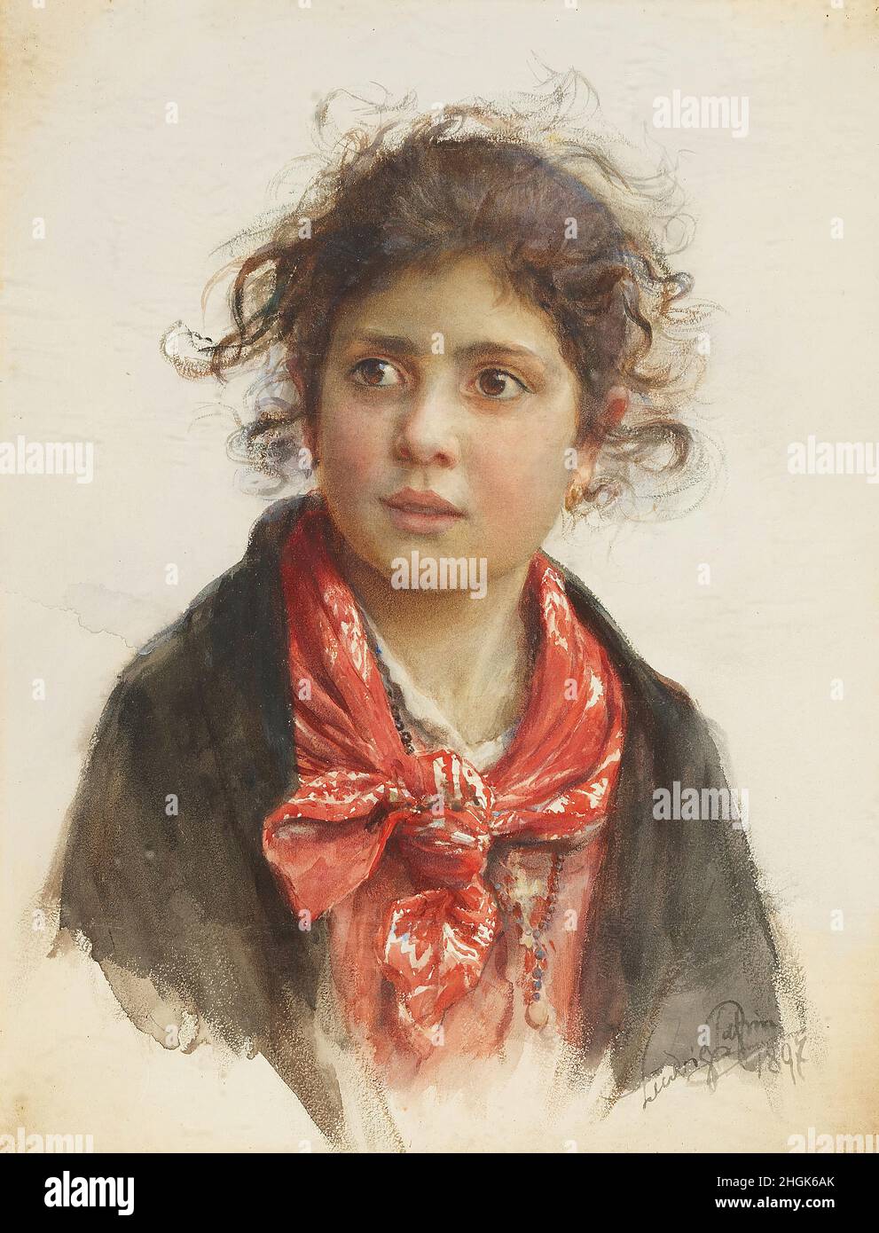 Bildnis eines scheuen Mädchens mit rotem Halstuch und zerzausten Locken - 1897 - acquerello su carta 38 x 29 cm - Passini Ludwig Johann Stock Photo