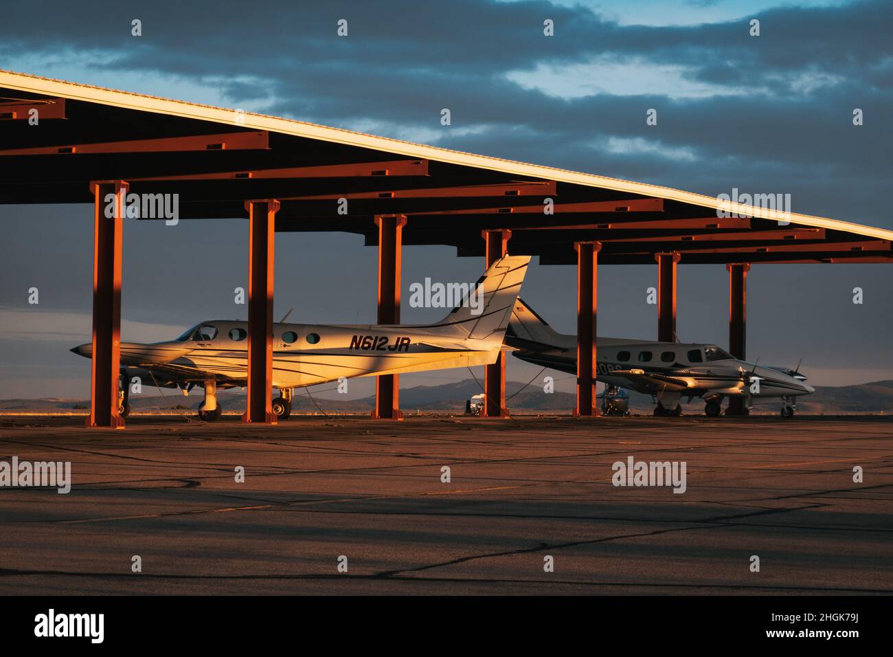 a Cessna 340A propeller aircraft parked under shelter at Sierra Blanca Regional Airport, New